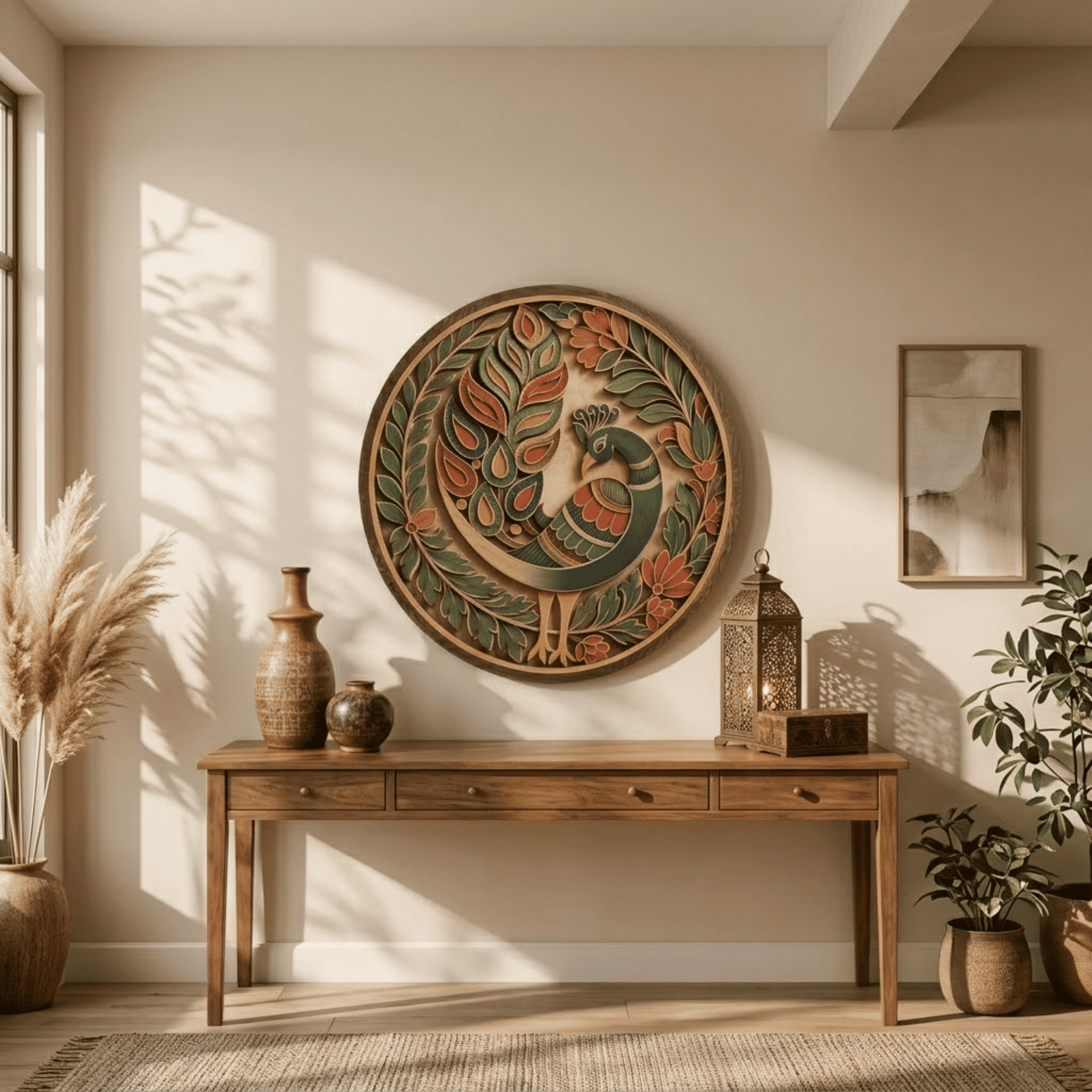 Indian Peacock Wooden Wall Art - Elegant Layered Wood Decor with Peacock, Floral Patterns and Botanical Mandala Design