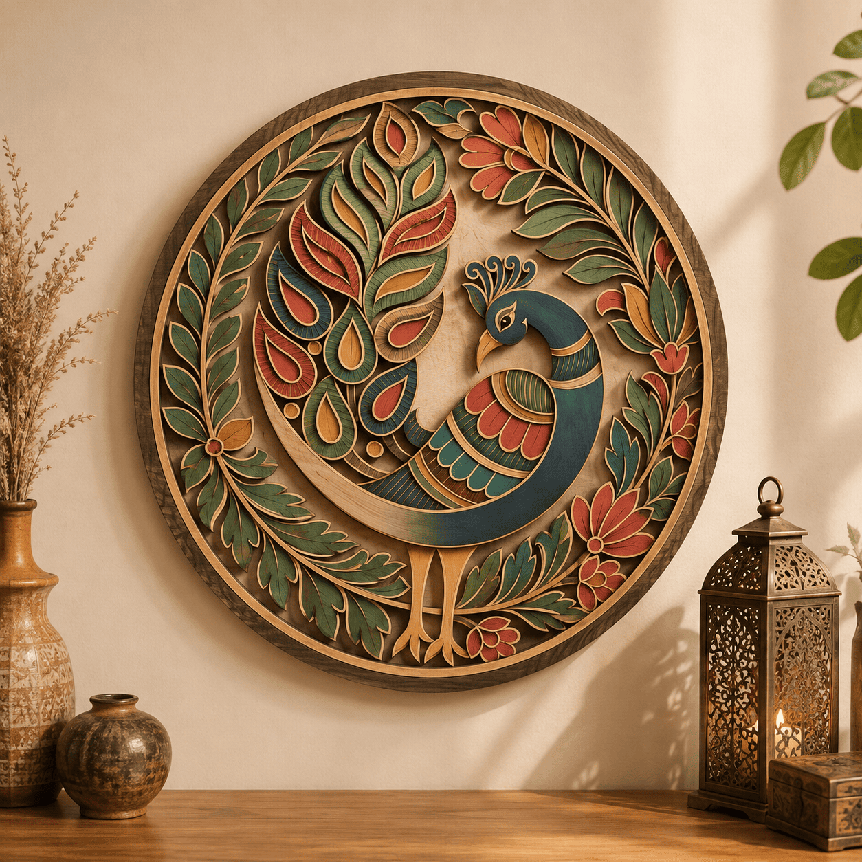 Indian Peacock Wooden Wall Art - Elegant Layered Wood Decor with Peacock, Floral Patterns and Botanical Mandala Design
