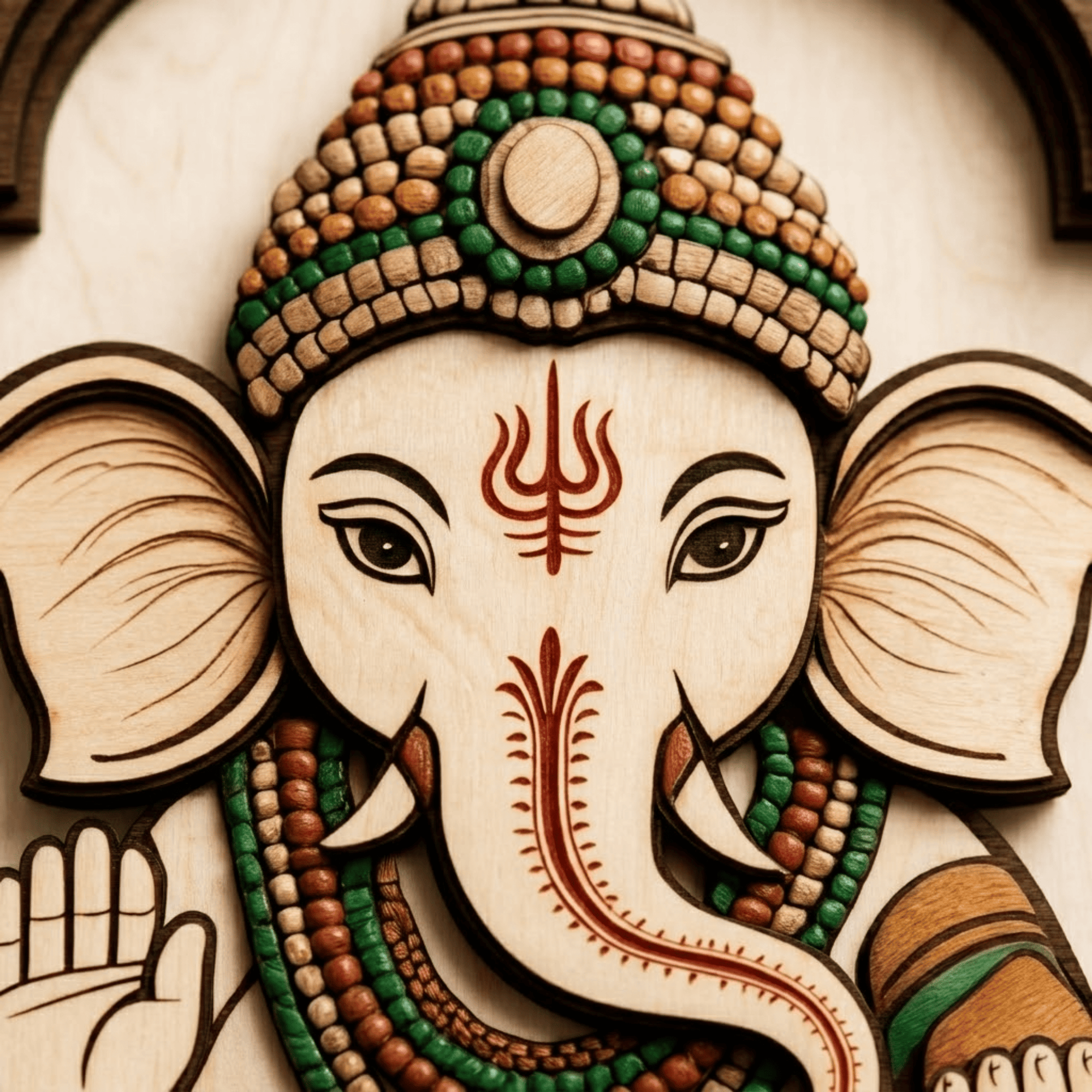Indian Ganesha Wooden Wall Art - Layered Wood Decor with Hindu Elephant God, Mandala Frame and Spiritual Design