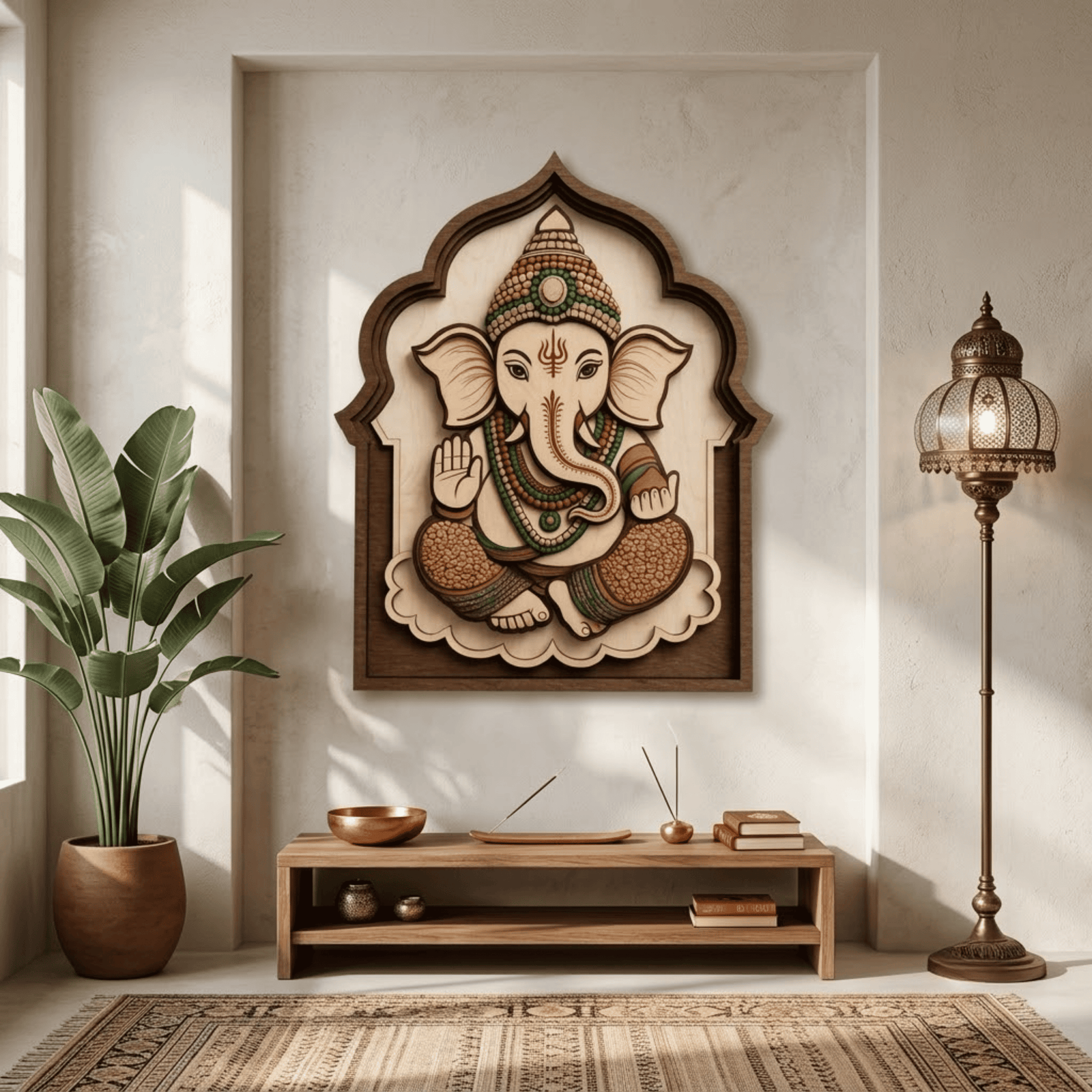 Indian Ganesha Wooden Wall Art - Layered Wood Decor with Hindu Elephant God, Mandala Frame and Spiritual Design