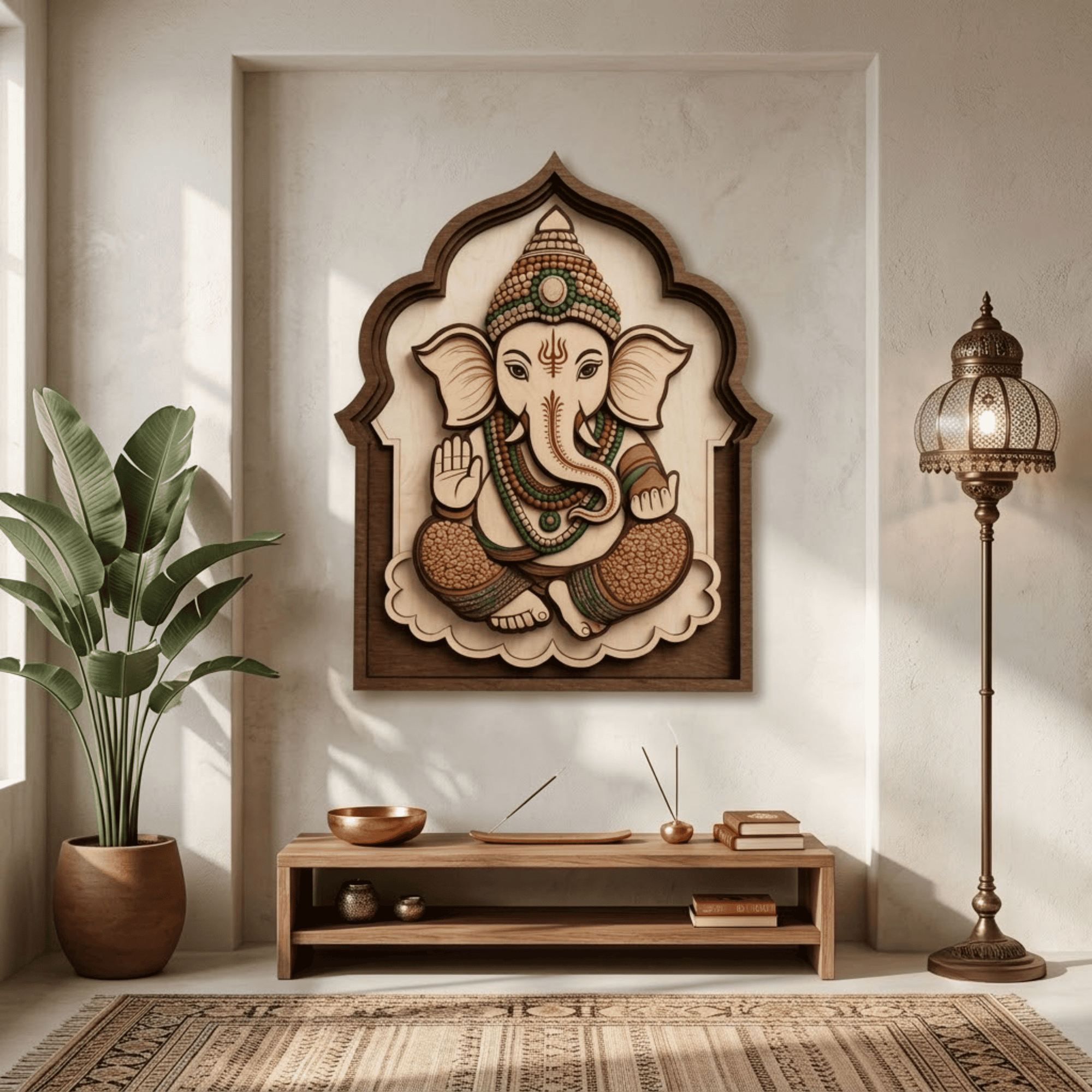 Indian Ganesha Wooden Wall Art - Layered Wood Decor with Hindu Elephant God, Mandala Frame and Spiritual Design