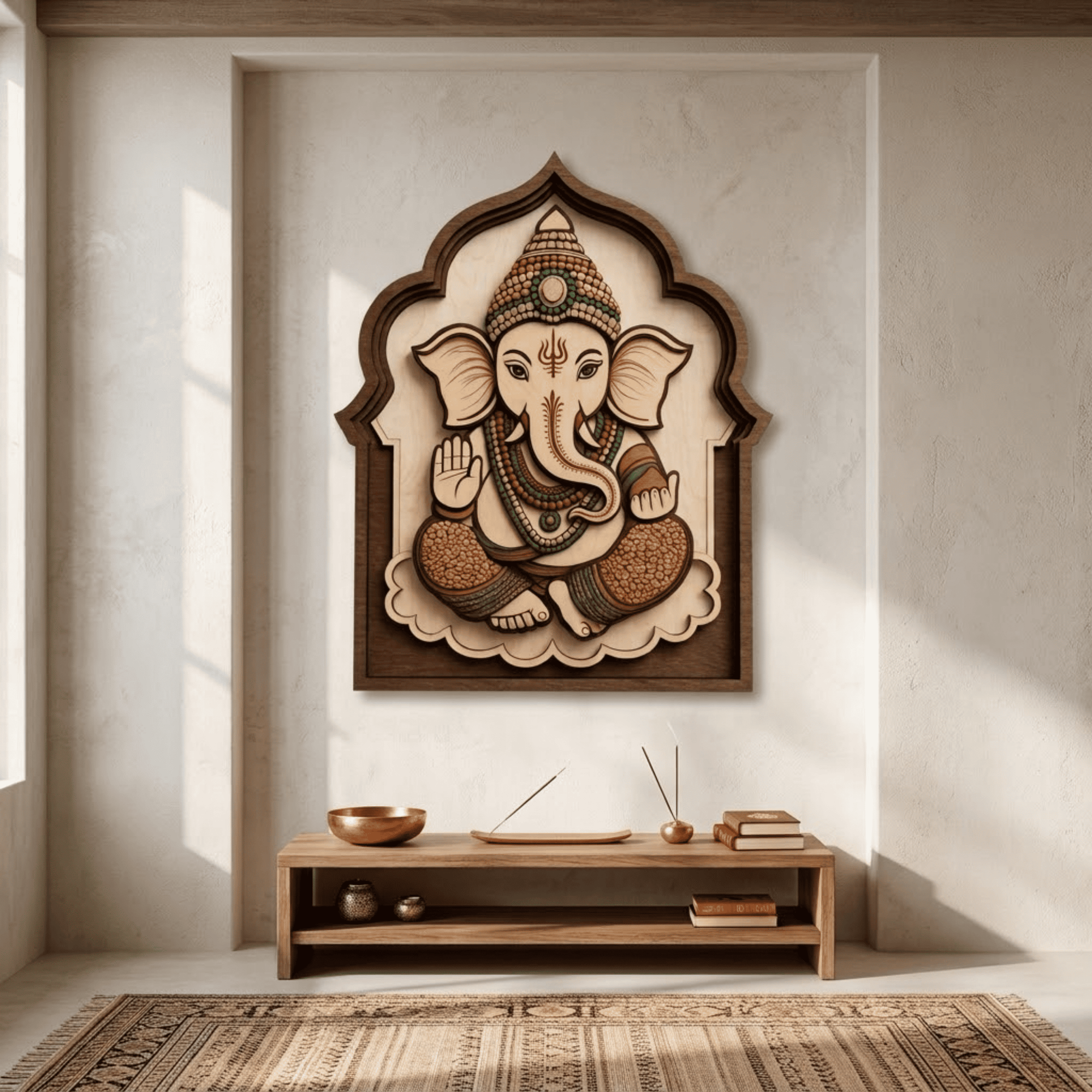 Indian Ganesha Wooden Wall Art - Layered Wood Decor with Hindu Elephant God, Mandala Frame and Spiritual Design