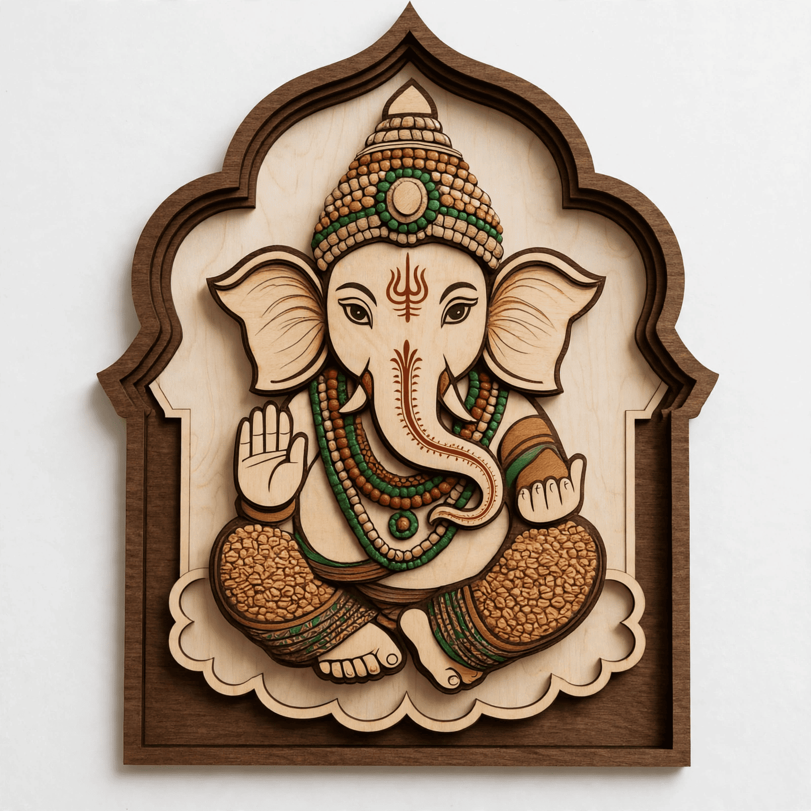 Indian Ganesha Wooden Wall Art - Layered Wood Decor with Hindu Elephant God, Mandala Frame and Spiritual Design