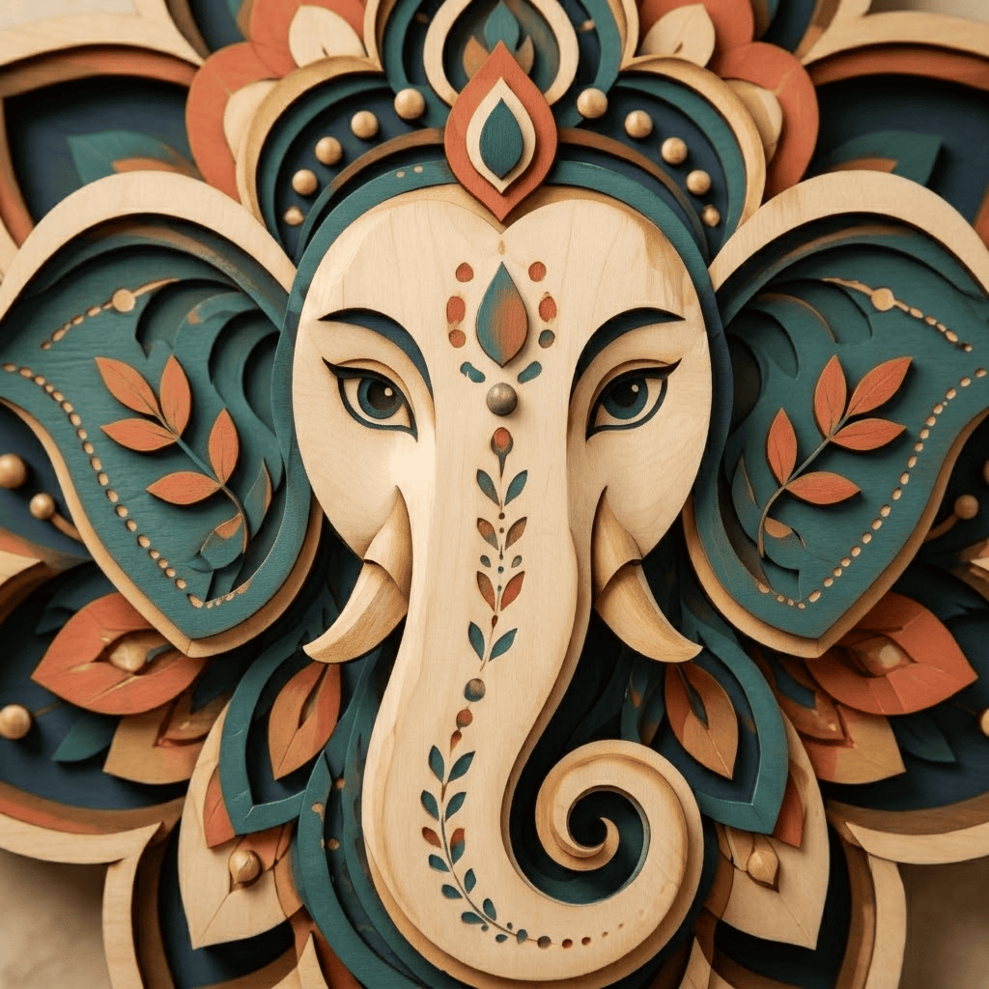 Ganesha Mandala Wooden Wall Art - Layered Elephant God Decor with Lotus Design, Boho Colors and Spiritual Indian Style