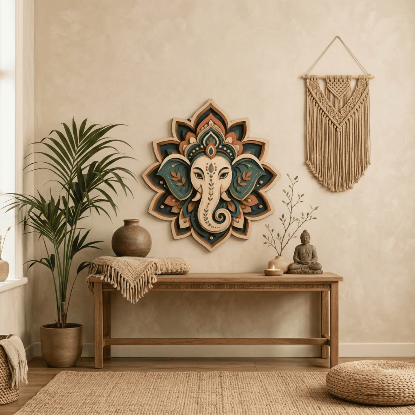 Ganesha Mandala Wooden Wall Art - Layered Elephant God Decor with Lotus Design, Boho Colors and Spiritual Indian Style