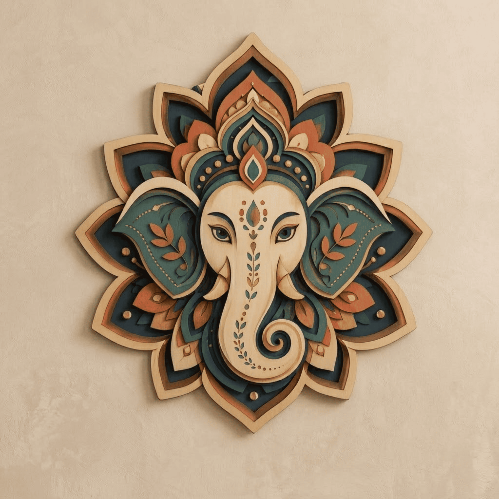 Ganesha Mandala Wooden Wall Art - Layered Elephant God Decor with Lotus Design, Boho Colors and Spiritual Indian Style