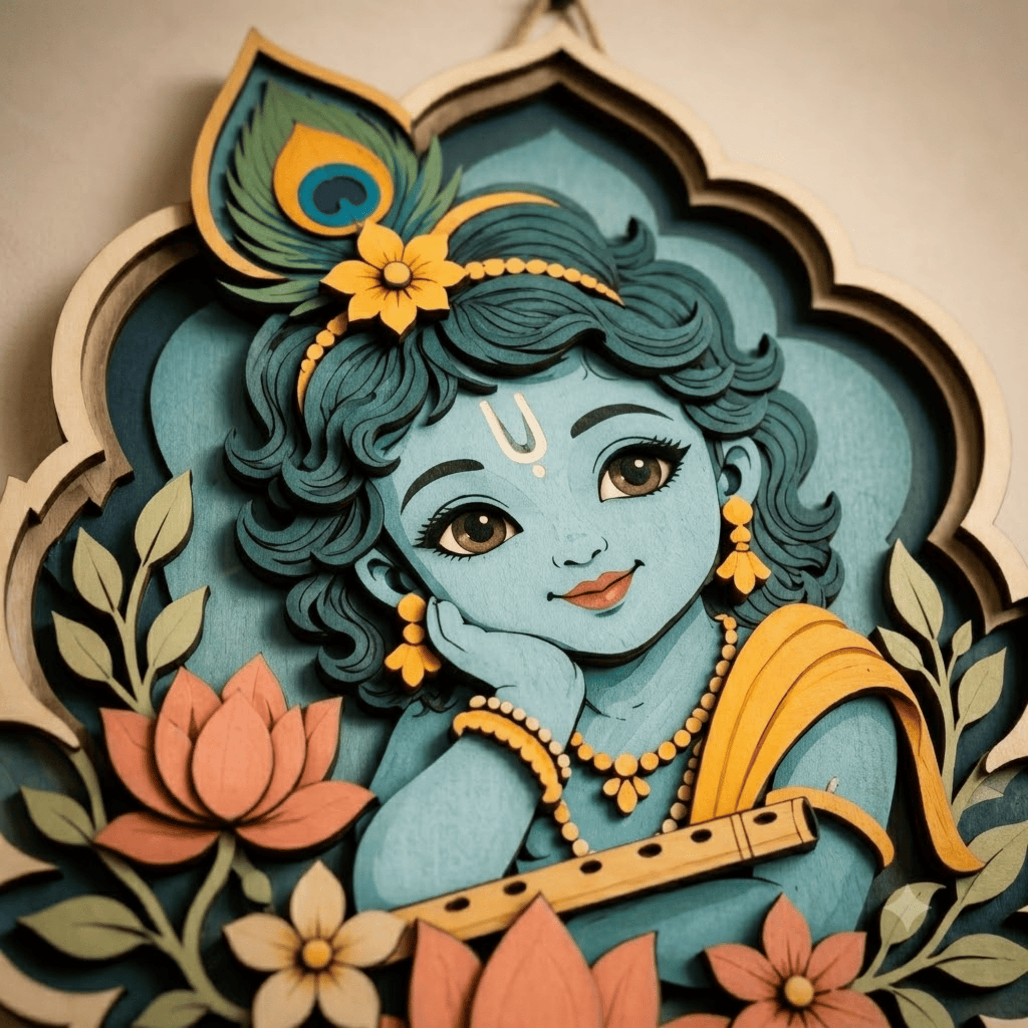 Baby Krishna Wooden Wall Art - Layered Wood Decor with Flute, Peacock Feather, Lotus Flowers and Indian Spiritual Design