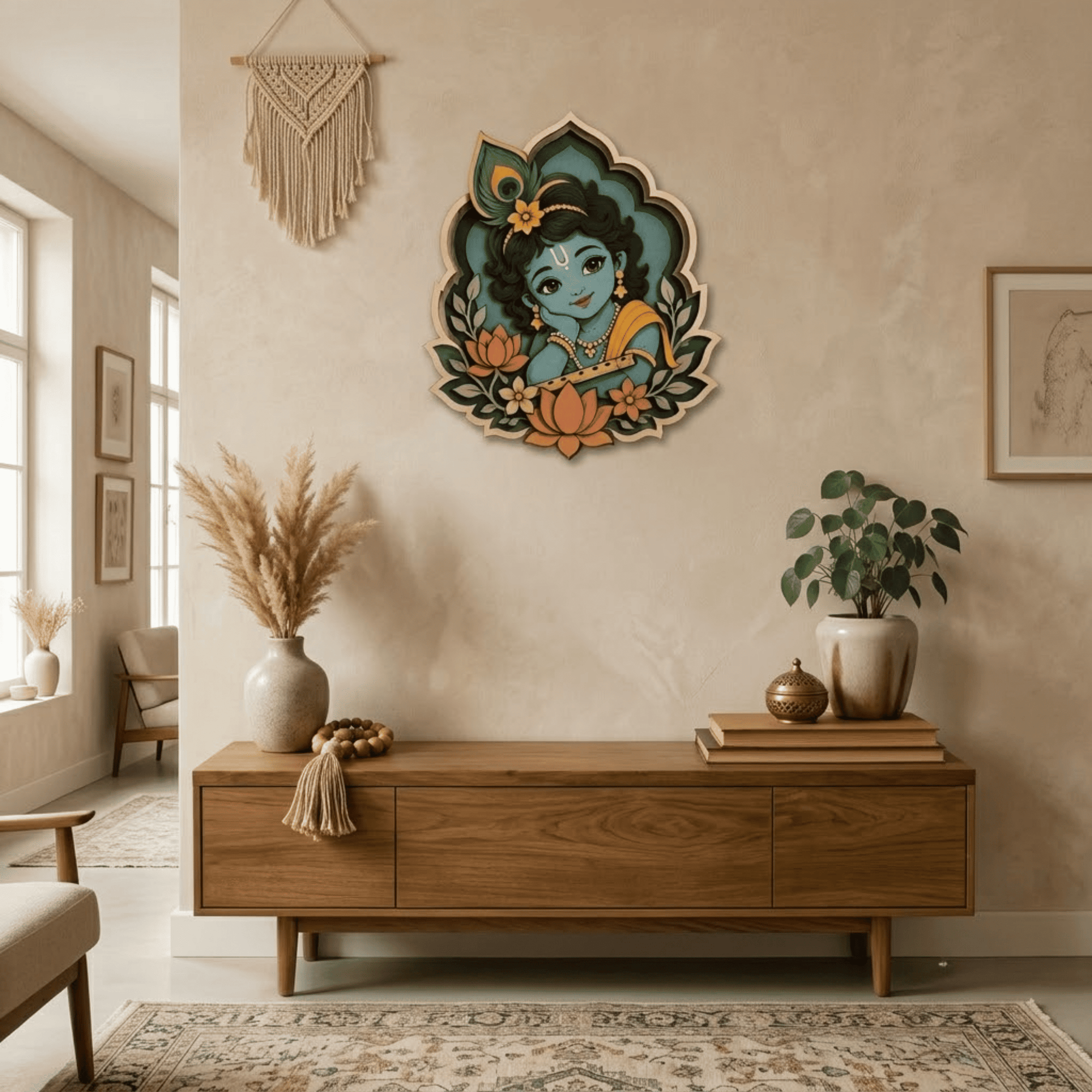 Baby Krishna Wooden Wall Art - Layered Wood Decor with Flute, Peacock Feather, Lotus Flowers and Indian Spiritual Design