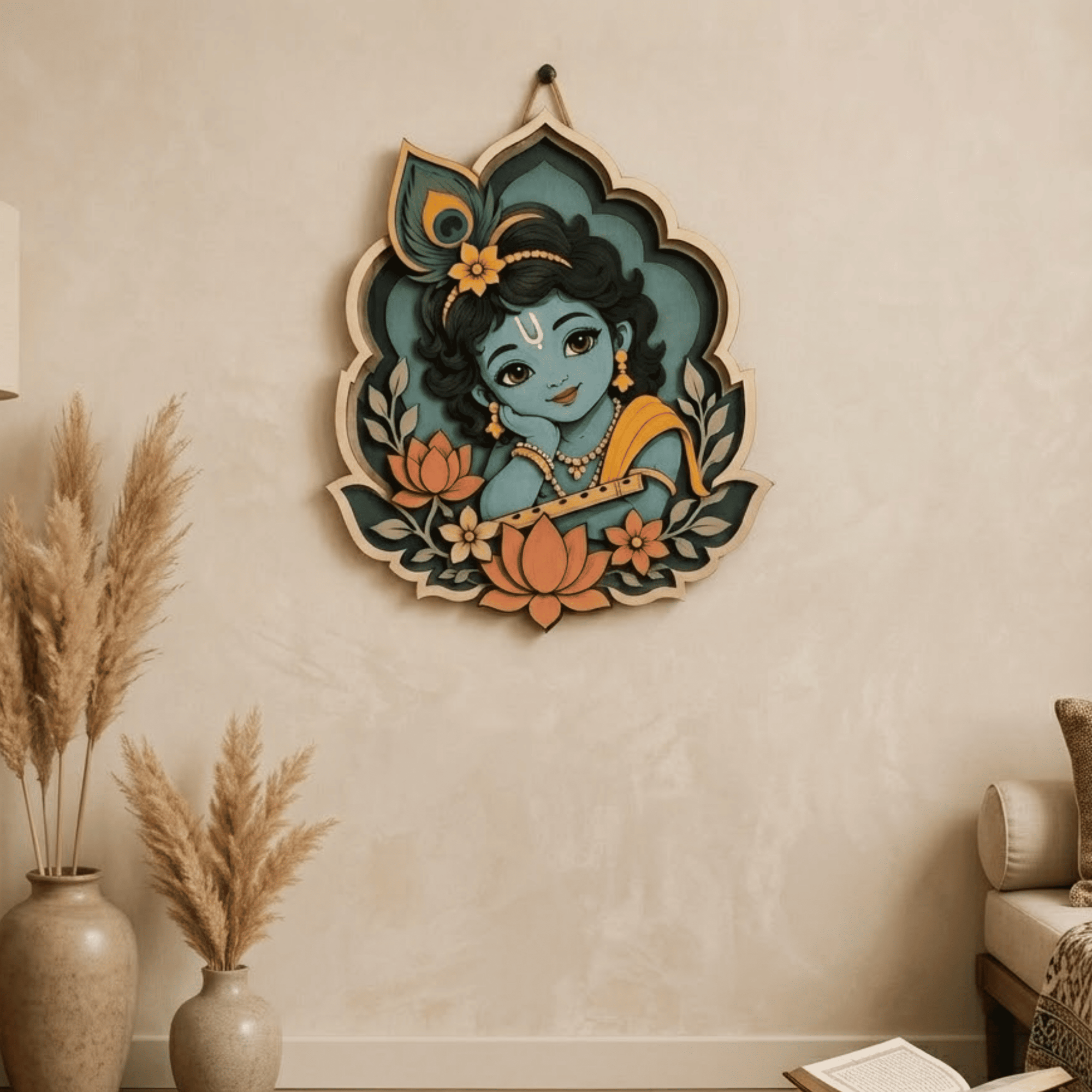 Baby Krishna Wooden Wall Art - Layered Wood Decor with Flute, Peacock Feather, Lotus Flowers and Indian Spiritual Design