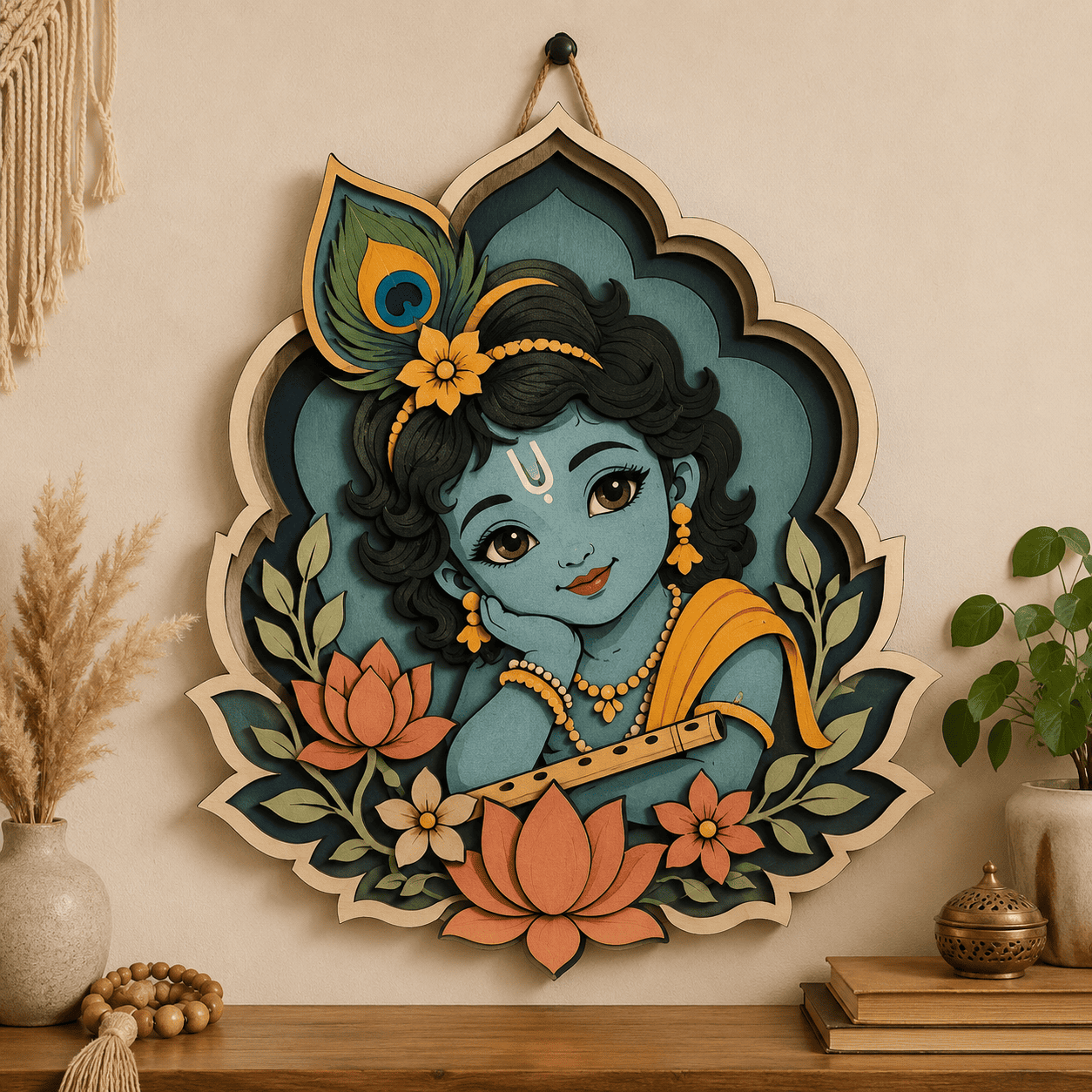 Baby Krishna Wooden Wall Art - Layered Wood Decor with Flute, Peacock Feather, Lotus Flowers and Indian Spiritual Design