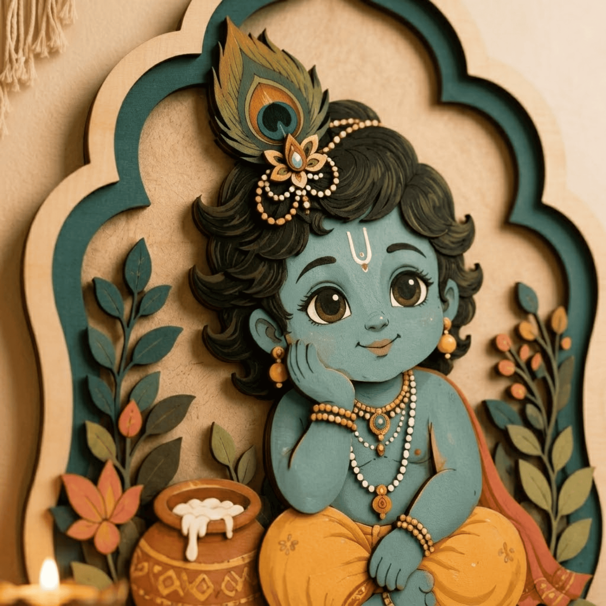 Baby Krishna Wooden Wall Art - Layered Wood Decor with Flute, Peacock Feather, Butter Pot and Indian Spiritual Design