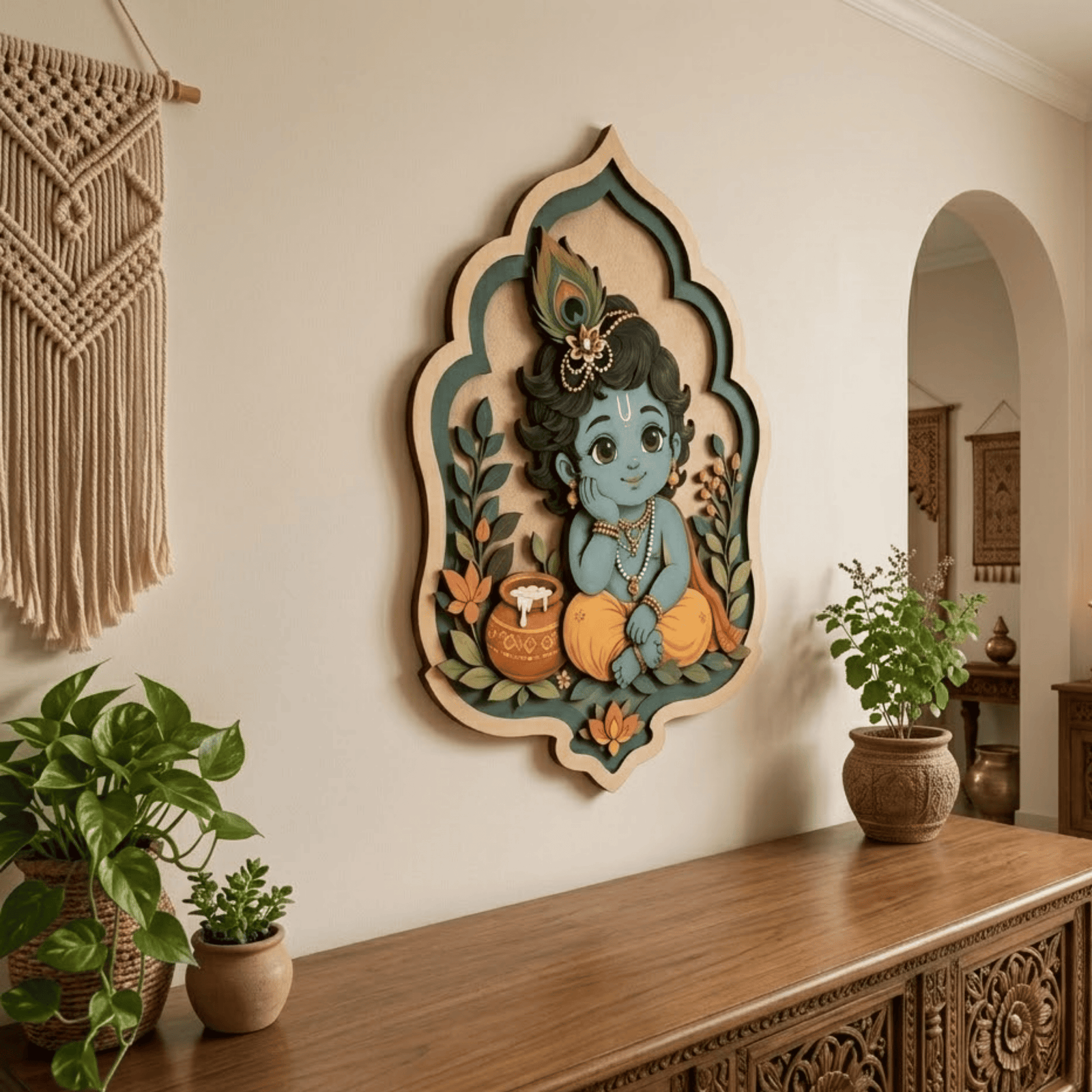 Baby Krishna Wooden Wall Art - Layered Wood Decor with Flute, Peacock Feather, Butter Pot and Indian Spiritual Design