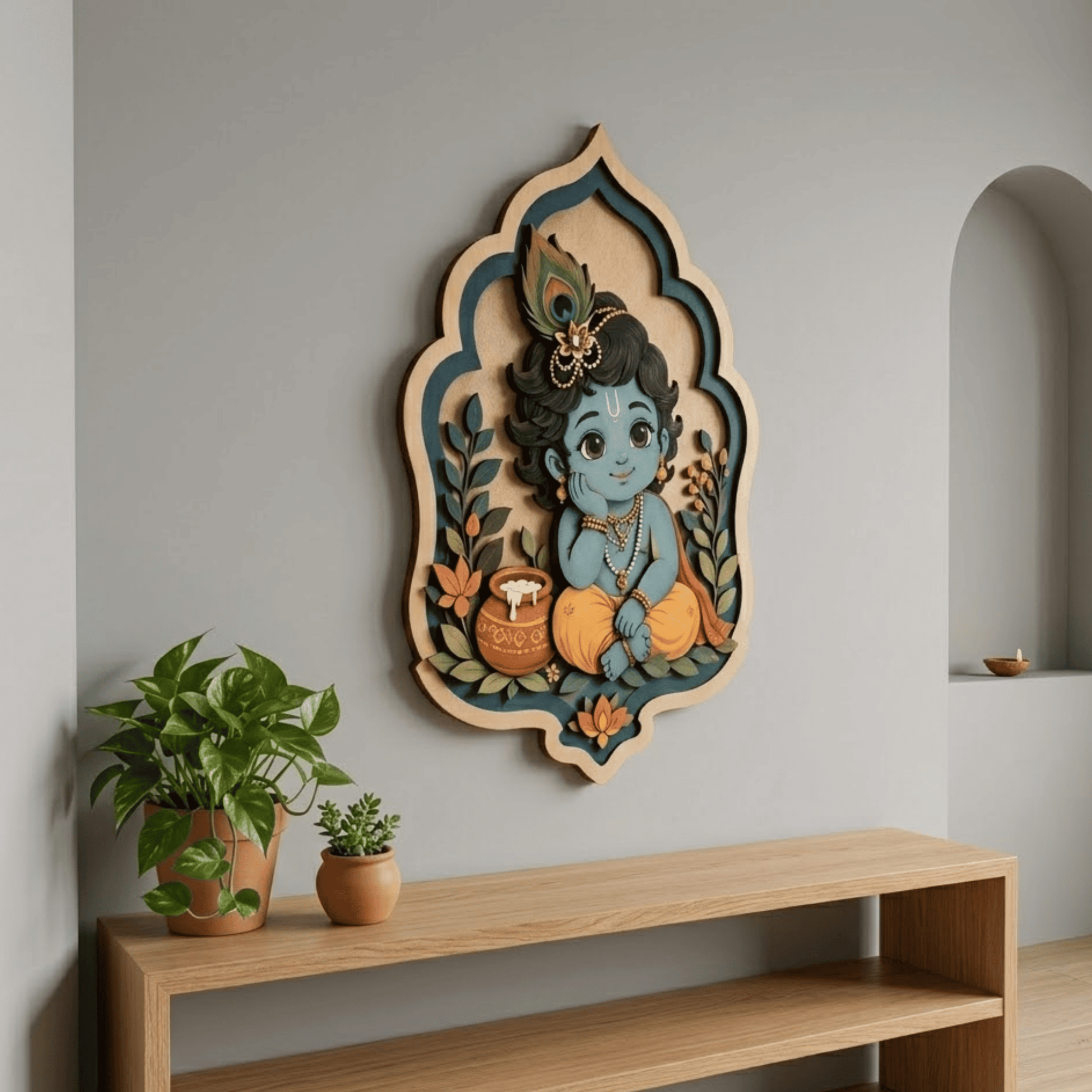 Baby Krishna Wooden Wall Art - Layered Wood Decor with Flute, Peacock Feather, Butter Pot and Indian Spiritual Design