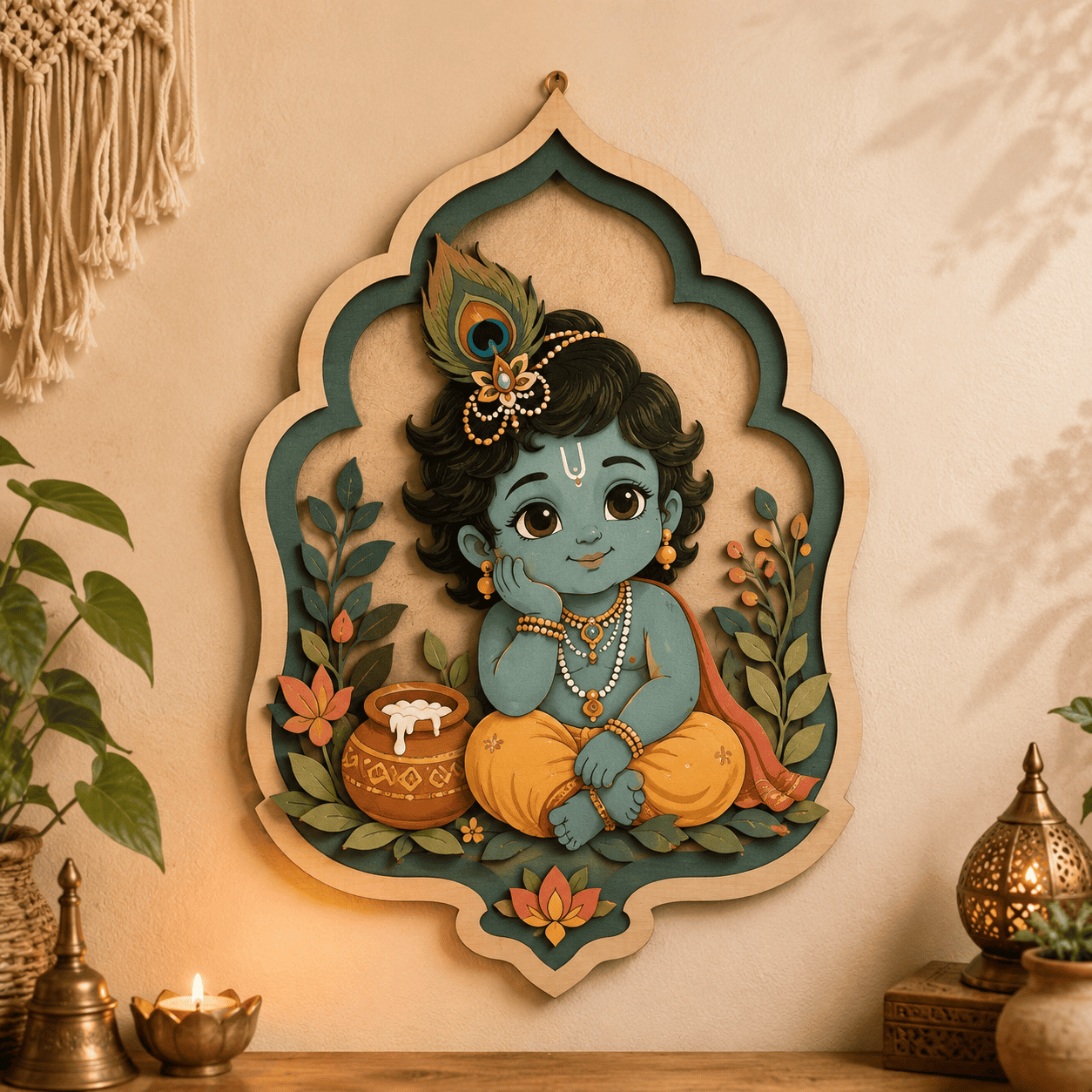 Baby Krishna Wooden Wall Art - Layered Wood Decor with Flute, Peacock Feather, Butter Pot and Indian Spiritual Design