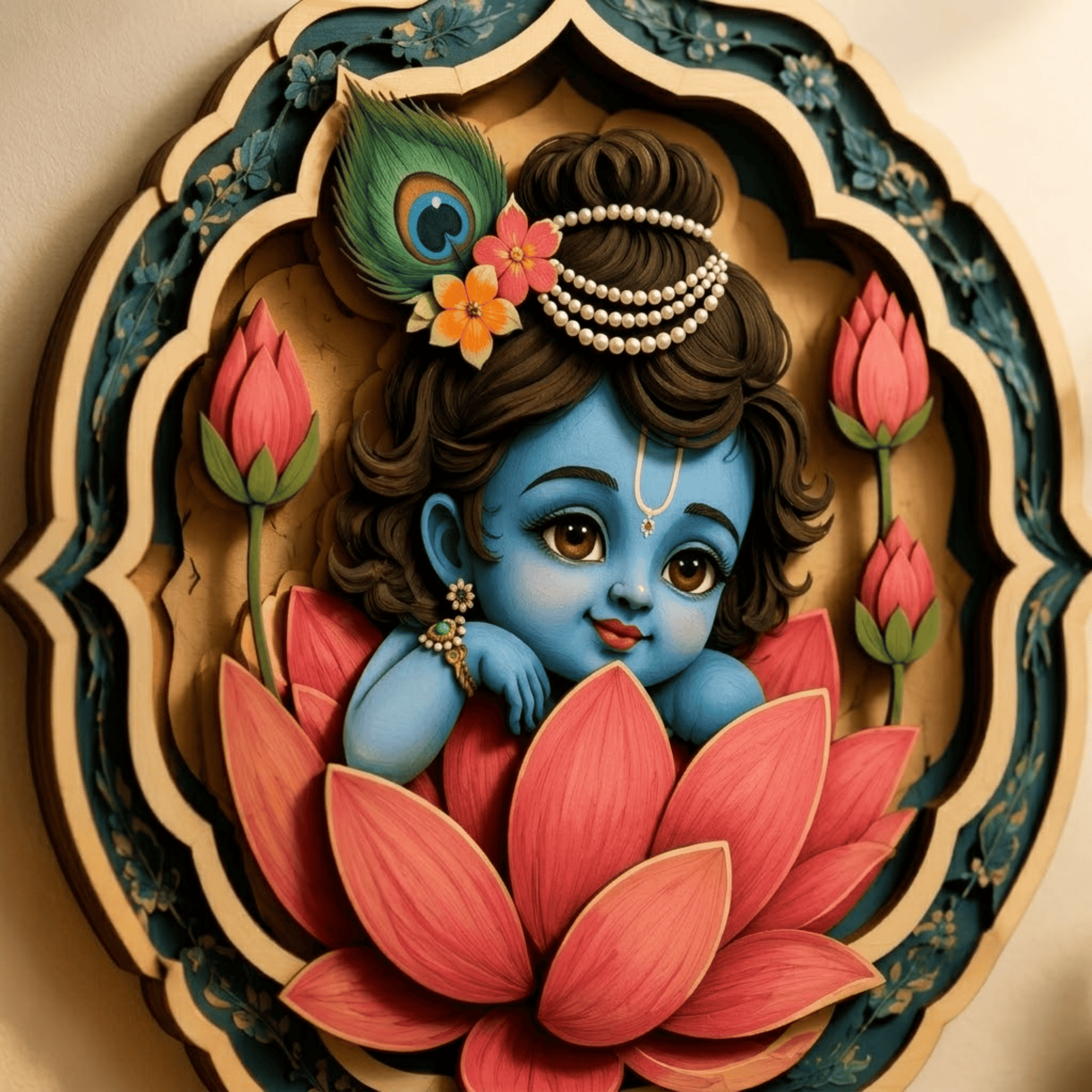 Baby Krishna Lotus Wooden Wall Art - Layered Wood Decor with Peacock Feather, Pink Lotus Flowers and Indian Spiritual Design