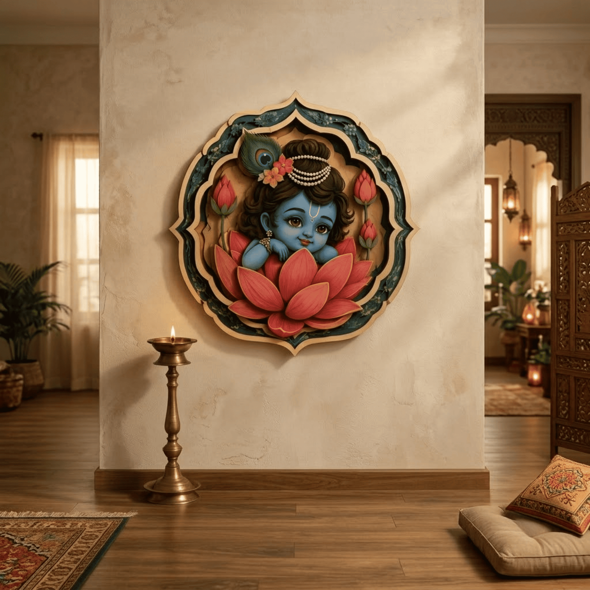 Baby Krishna Lotus Wooden Wall Art - Layered Wood Decor with Peacock Feather, Pink Lotus Flowers and Indian Spiritual Design