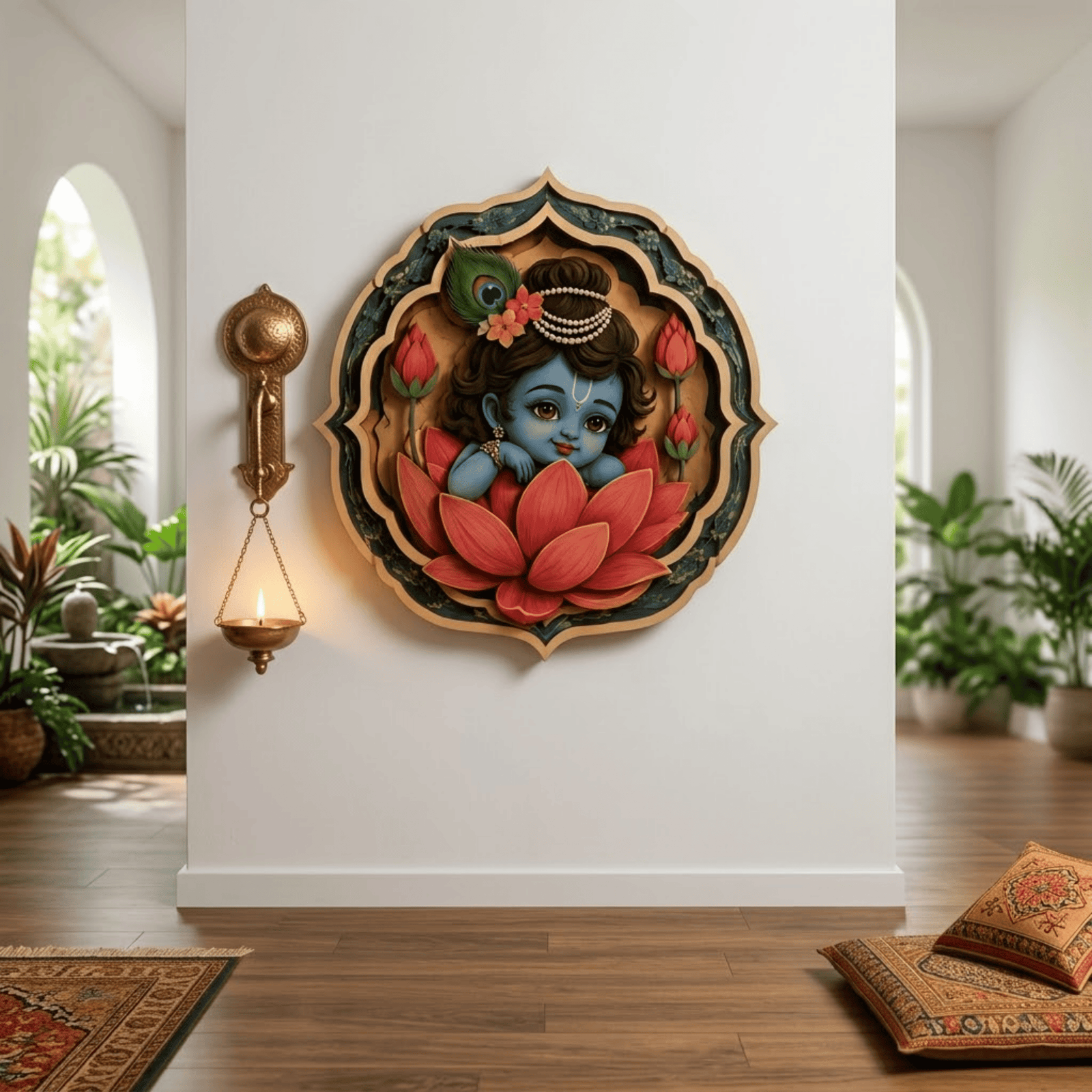 Baby Krishna Lotus Wooden Wall Art - Layered Wood Decor with Peacock Feather, Pink Lotus Flowers and Indian Spiritual Design