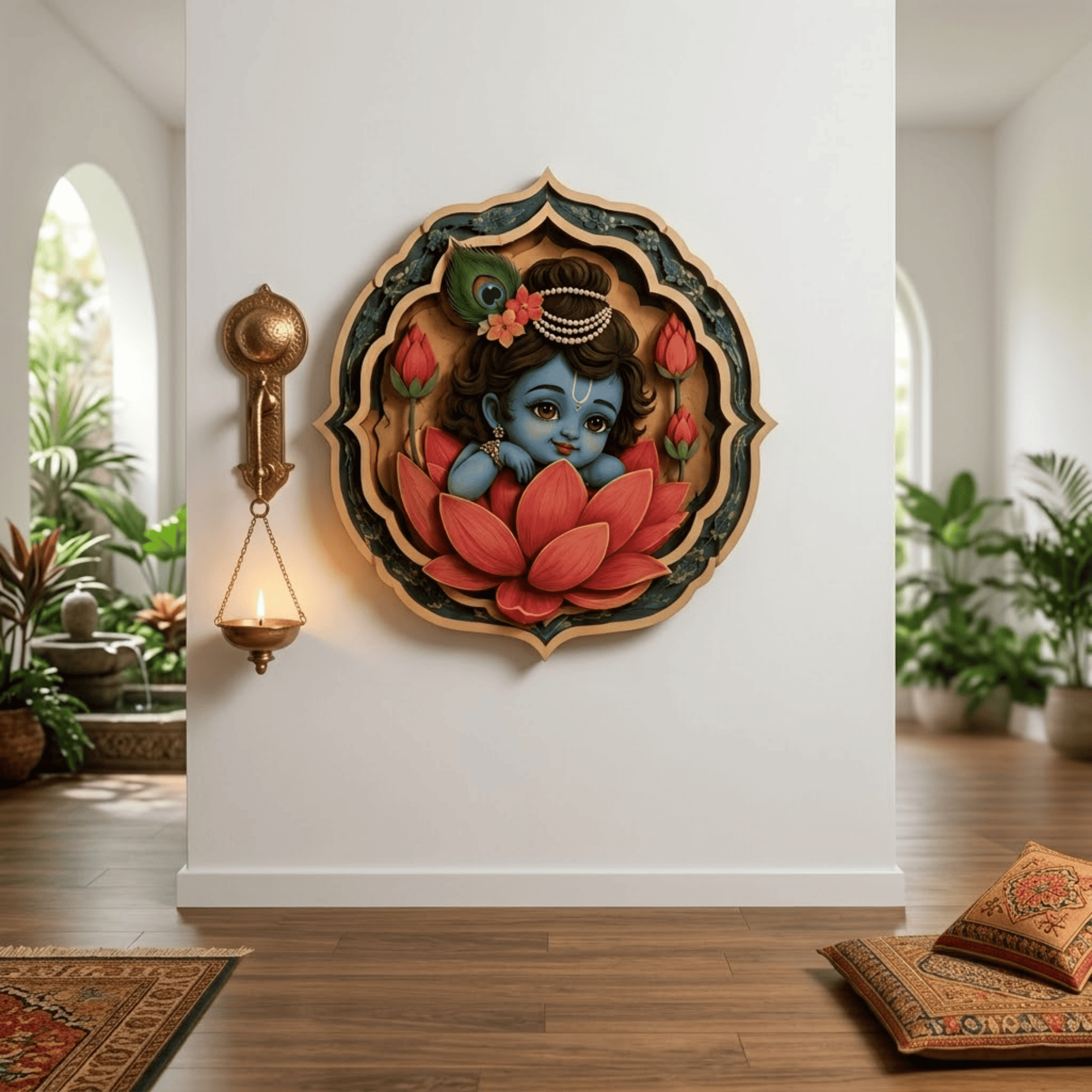 Baby Krishna Lotus Wooden Wall Art - Layered Wood Decor with Peacock Feather, Pink Lotus Flowers and Indian Spiritual Design