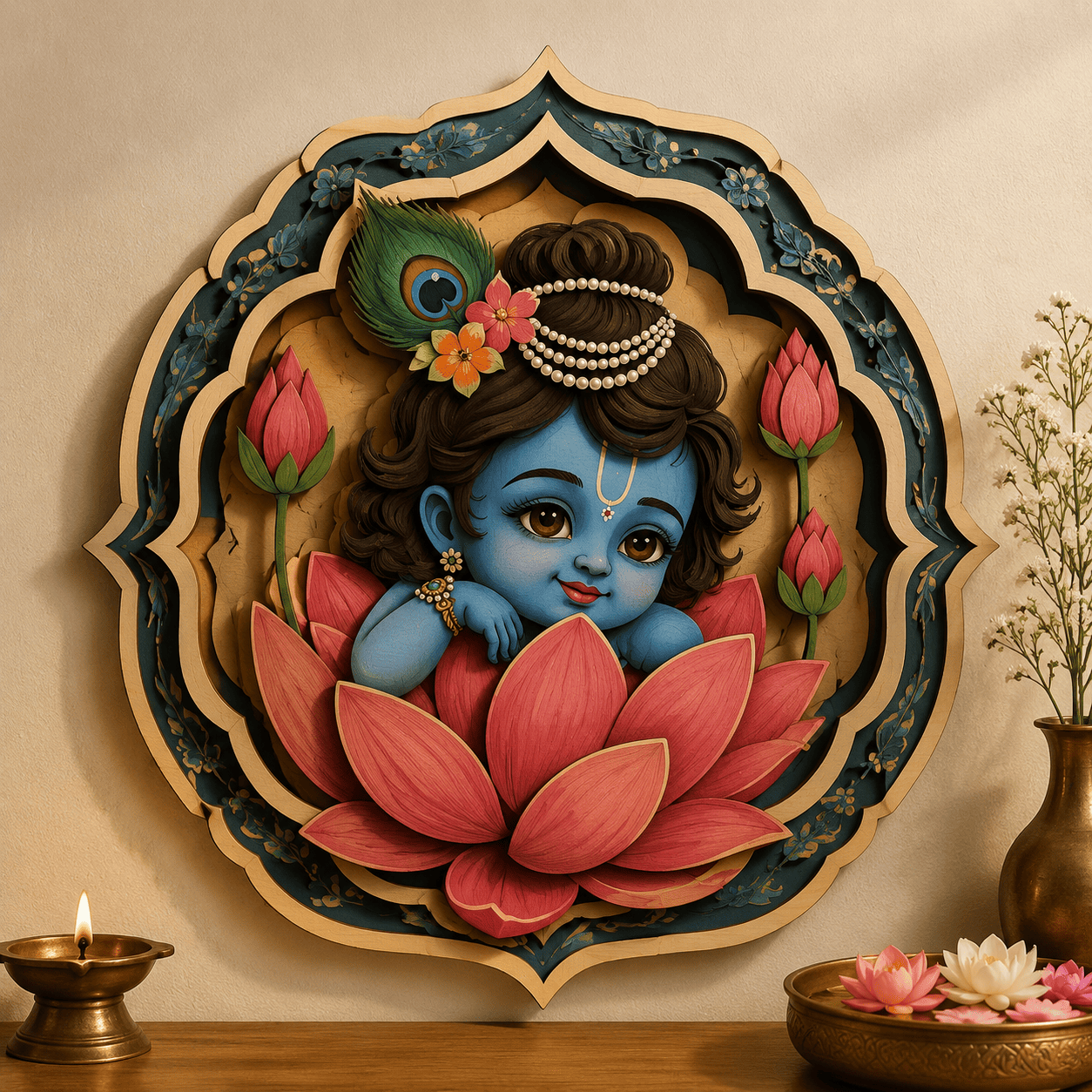 Baby Krishna Lotus Wooden Wall Art - Layered Wood Decor with Peacock Feather, Pink Lotus Flowers and Indian Spiritual Design