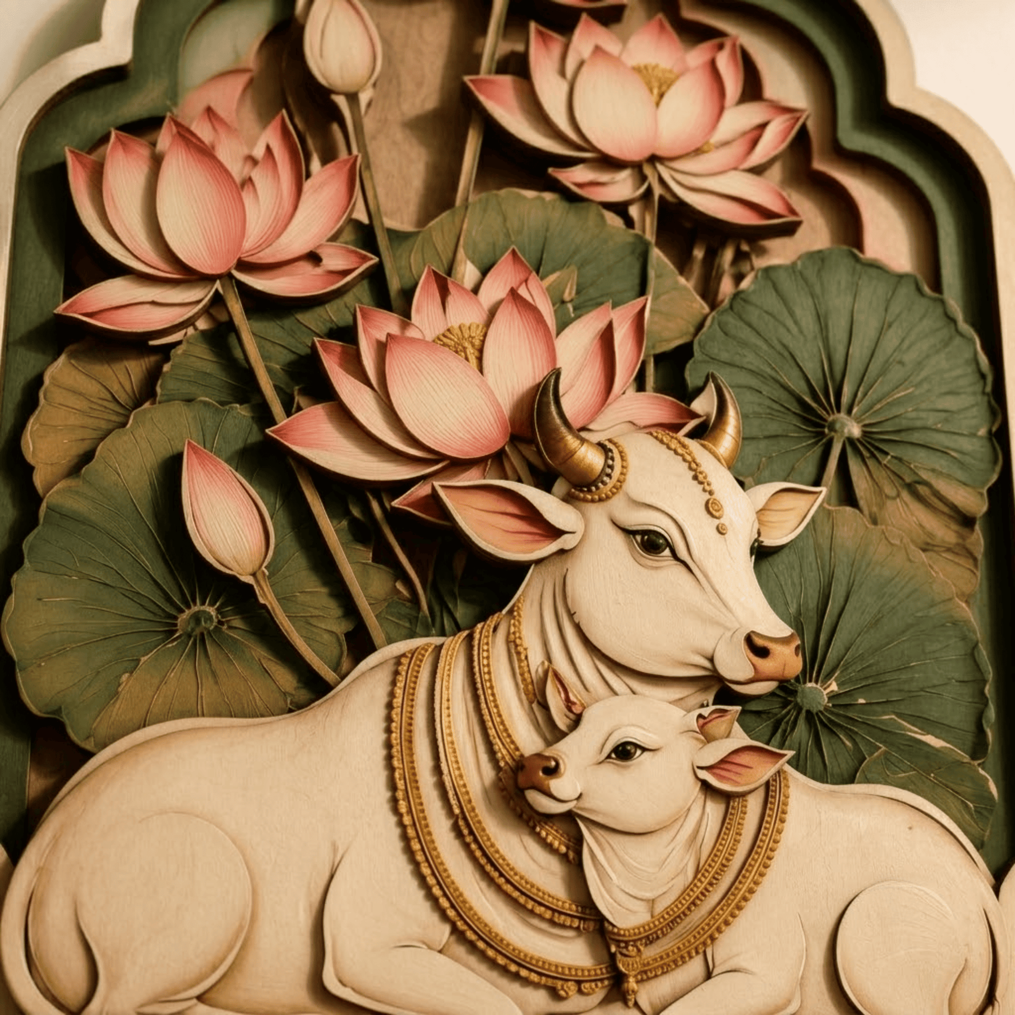 Sacred Cow Wooden Wall Art - Layered Wood Decor with Mother Cow and Calf, Lotus Flowers and Indian Spiritual Design