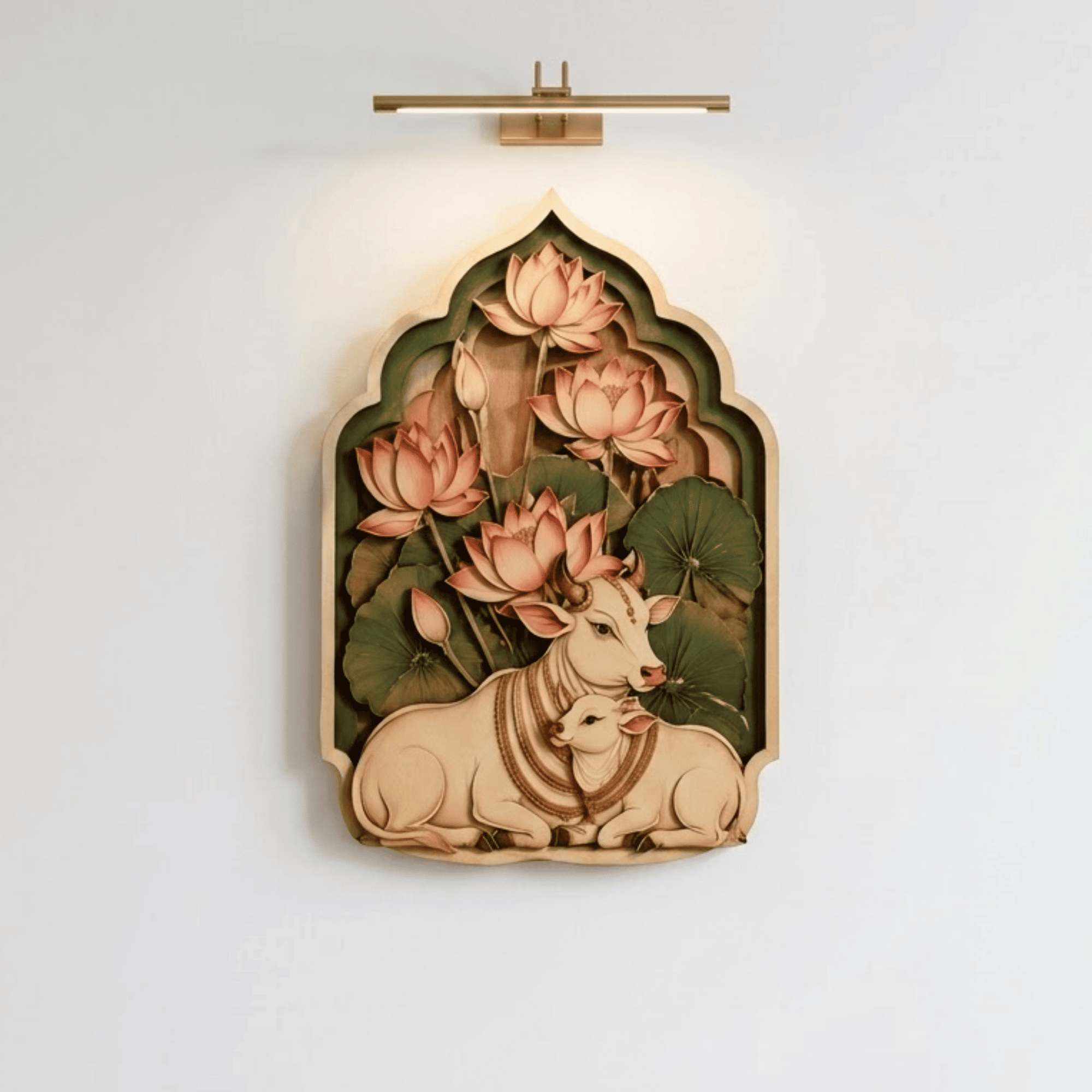 Sacred Cow Wooden Wall Art - Layered Wood Decor with Mother Cow and Calf, Lotus Flowers and Indian Spiritual Design