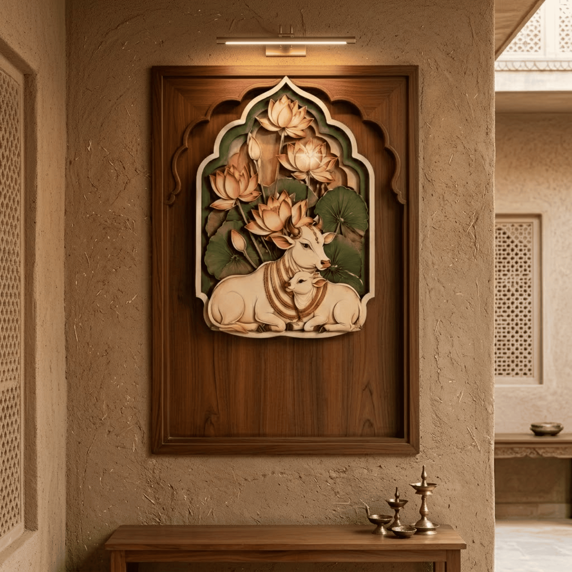 Sacred Cow Wooden Wall Art - Layered Wood Decor with Mother Cow and Calf, Lotus Flowers and Indian Spiritual Design