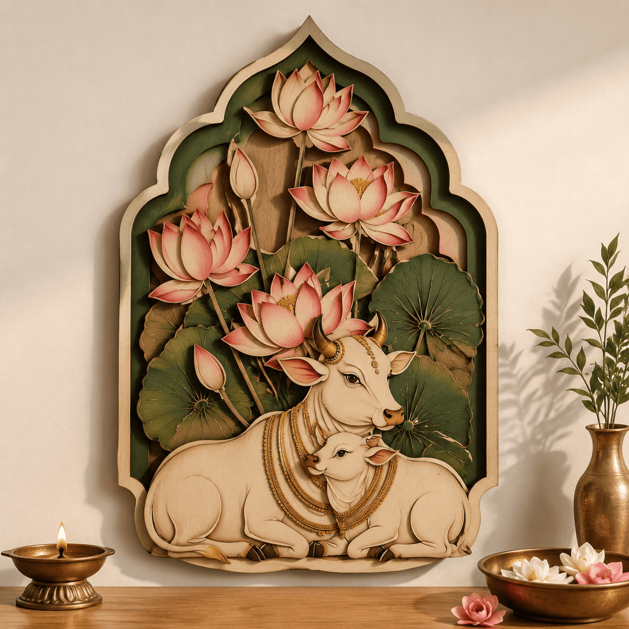 Sacred Cow Wooden Wall Art - Layered Wood Decor with Mother Cow and Calf, Lotus Flowers and Indian Spiritual Design