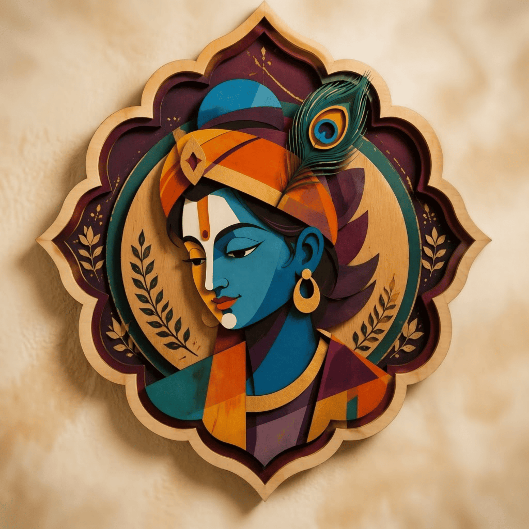 Modern Krishna Wooden Wall Art - Layered Wood Decor with Peacock Feather, Abstract Indian Portrait and Spiritual Design