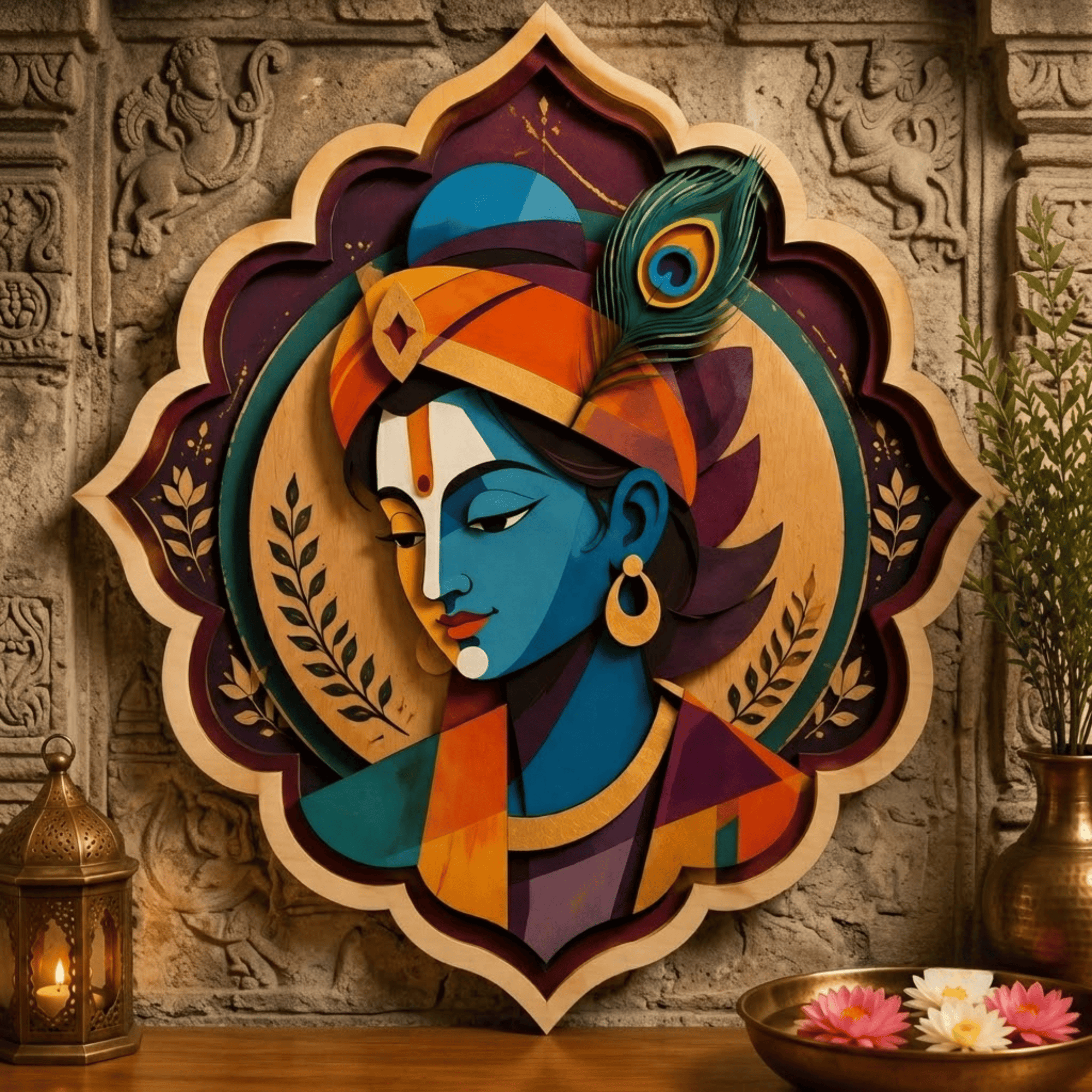 Modern Krishna Wooden Wall Art - Layered Wood Decor with Peacock Feather, Abstract Indian Portrait and Spiritual Design