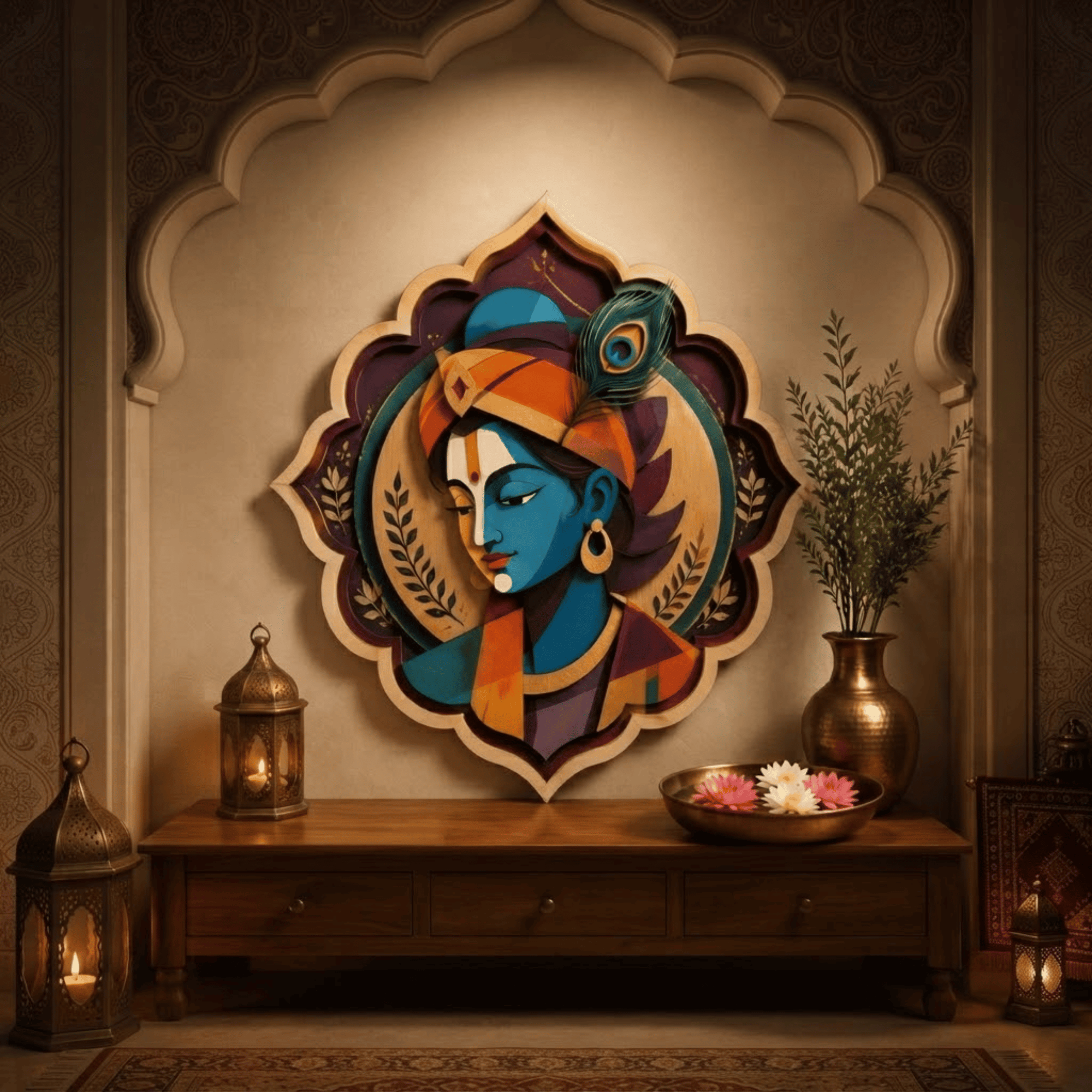 Modern Krishna Wooden Wall Art - Layered Wood Decor with Peacock Feather, Abstract Indian Portrait and Spiritual Design