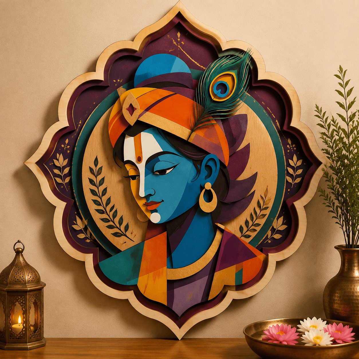 Modern Krishna Wooden Wall Art - Layered Wood Decor with Peacock Feather, Abstract Indian Portrait and Spiritual Design