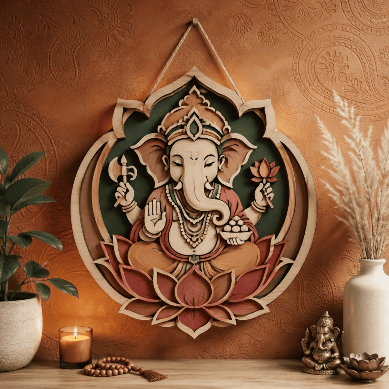 Ganesha Lotus Wooden Wall Art - Layered Wood Decor with Hindu Elephant God, Sacred Lotus and Spiritual Mandala Design