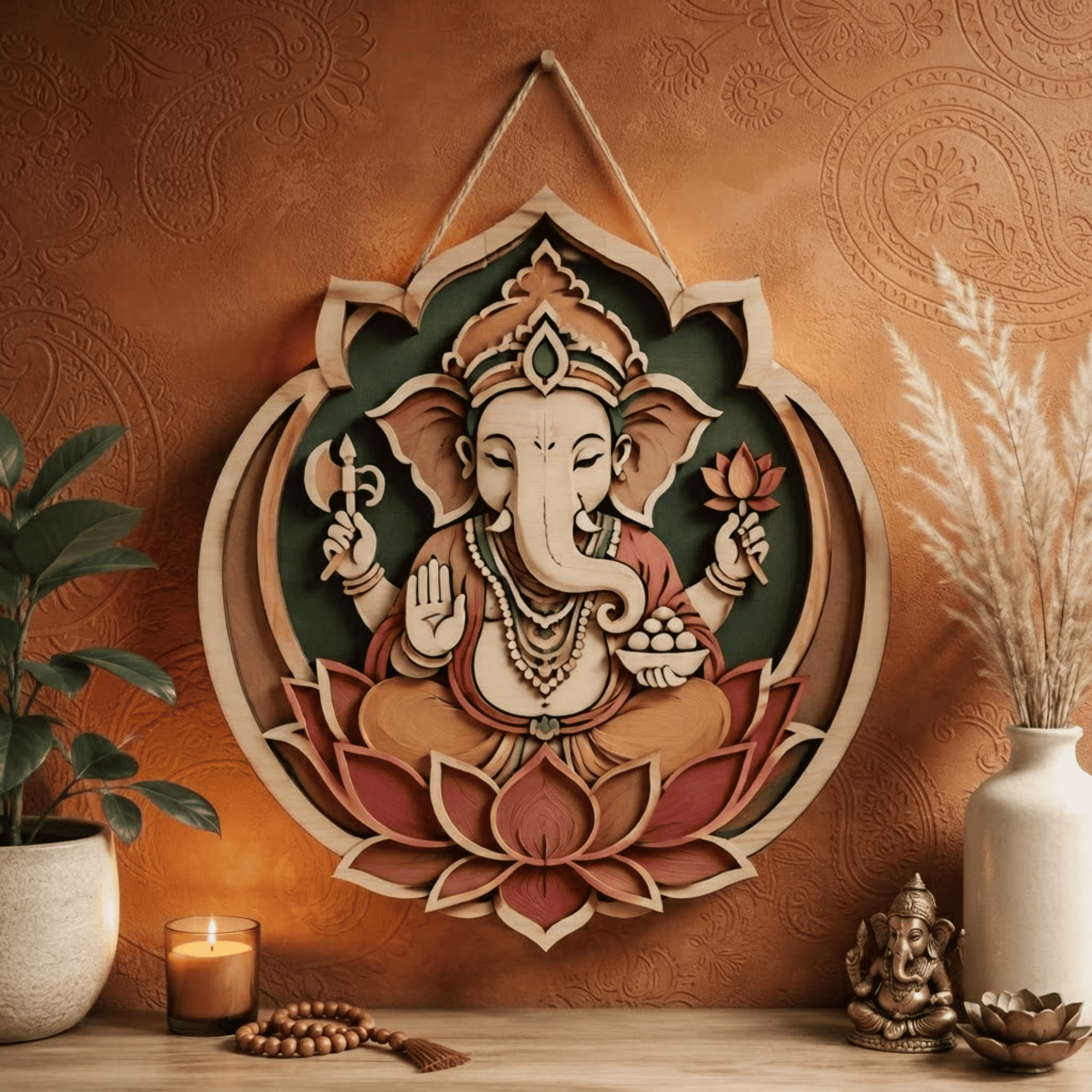 Ganesha Lotus Wooden Wall Art - Layered Wood Decor with Hindu Elephant God, Sacred Lotus and Spiritual Mandala Design