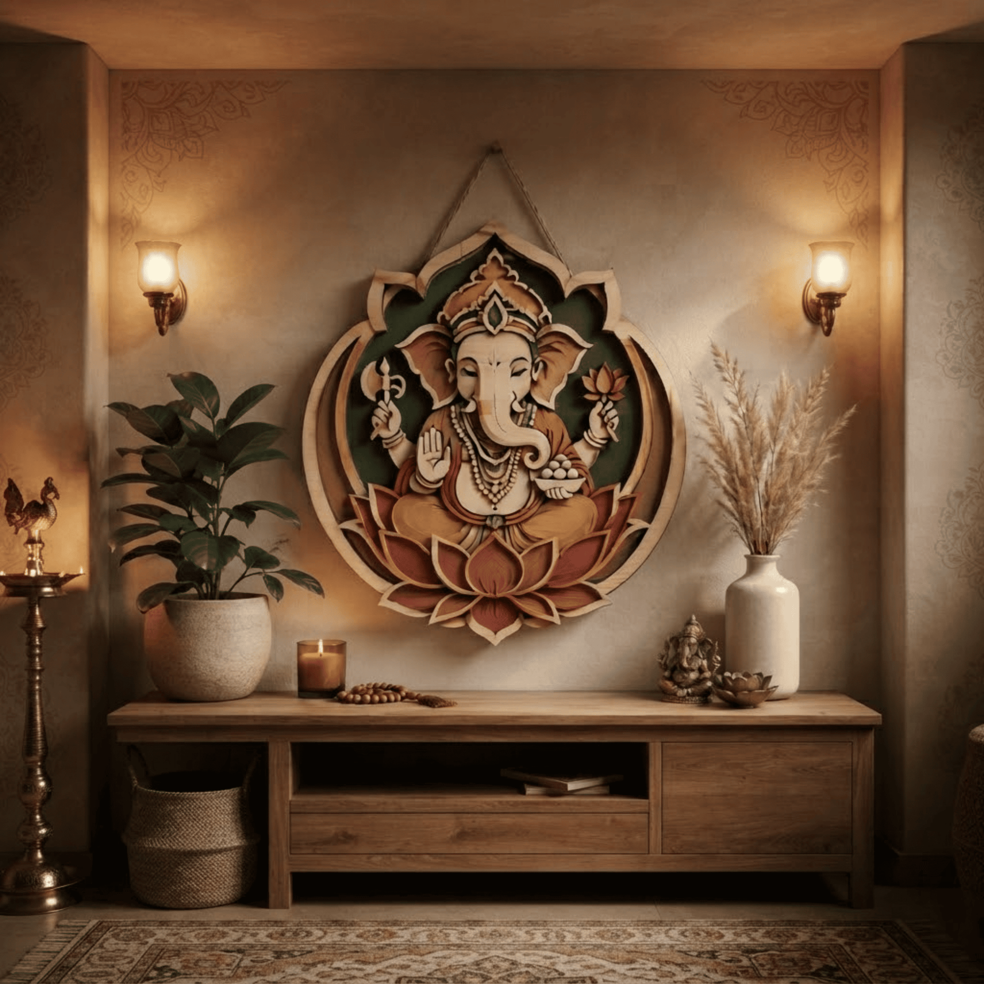 Ganesha Lotus Wooden Wall Art - Layered Wood Decor with Hindu Elephant God, Sacred Lotus and Spiritual Mandala Design