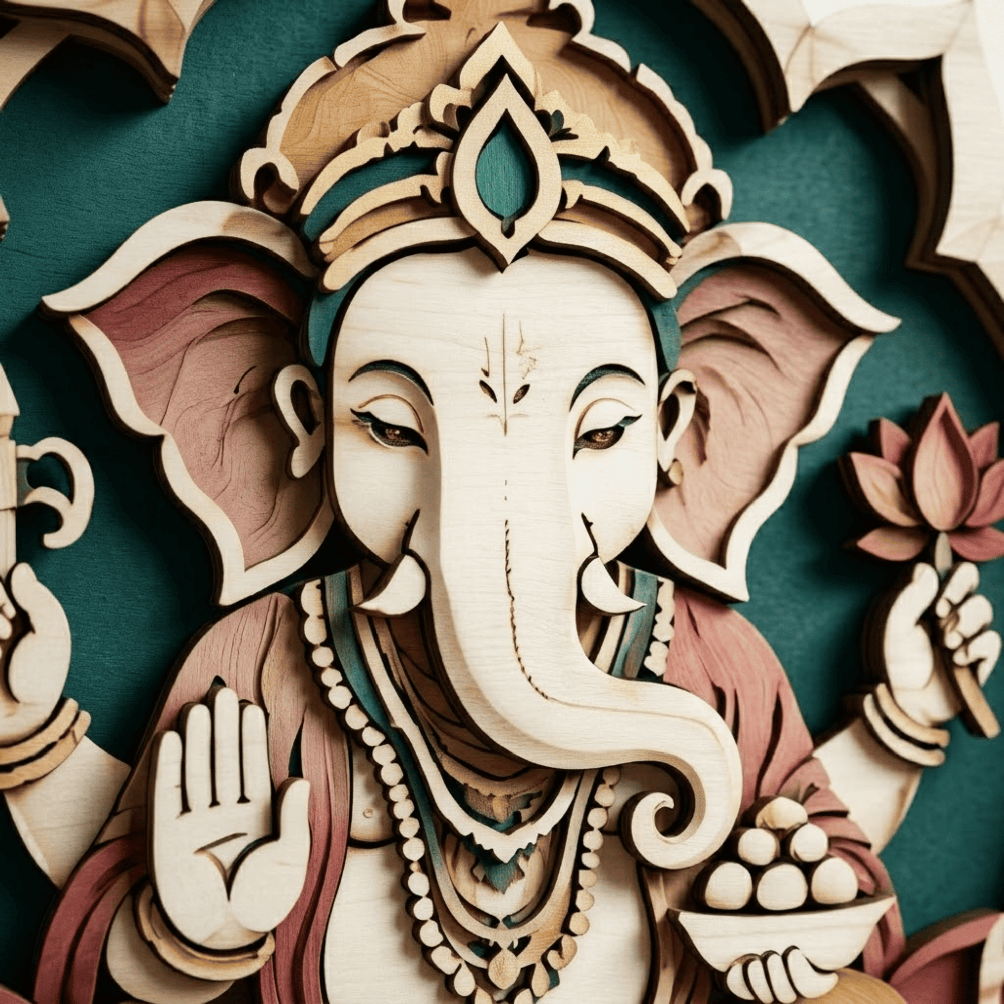 Ganesha Lotus Wooden Wall Art - Layered Wood Decor with Hindu Elephant God, Sacred Lotus and Spiritual Mandala Design