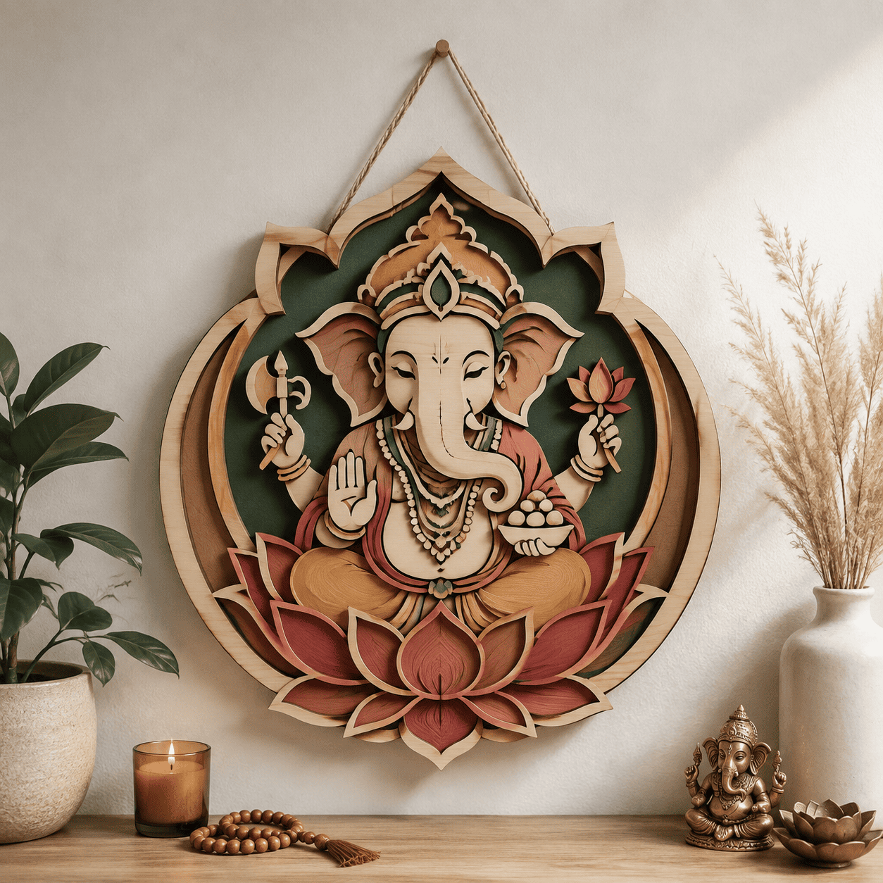 Ganesha Lotus Wooden Wall Art - Layered Wood Decor with Hindu Elephant God, Sacred Lotus and Spiritual Mandala Design