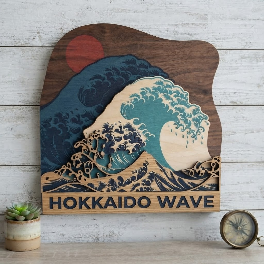 Japanese Wave Wood Sign, Wooden Wall Art, Hokkaido Ocean Decor, Layered Wood Carving, Coastal Home Decor, Living Room Wall Hanging