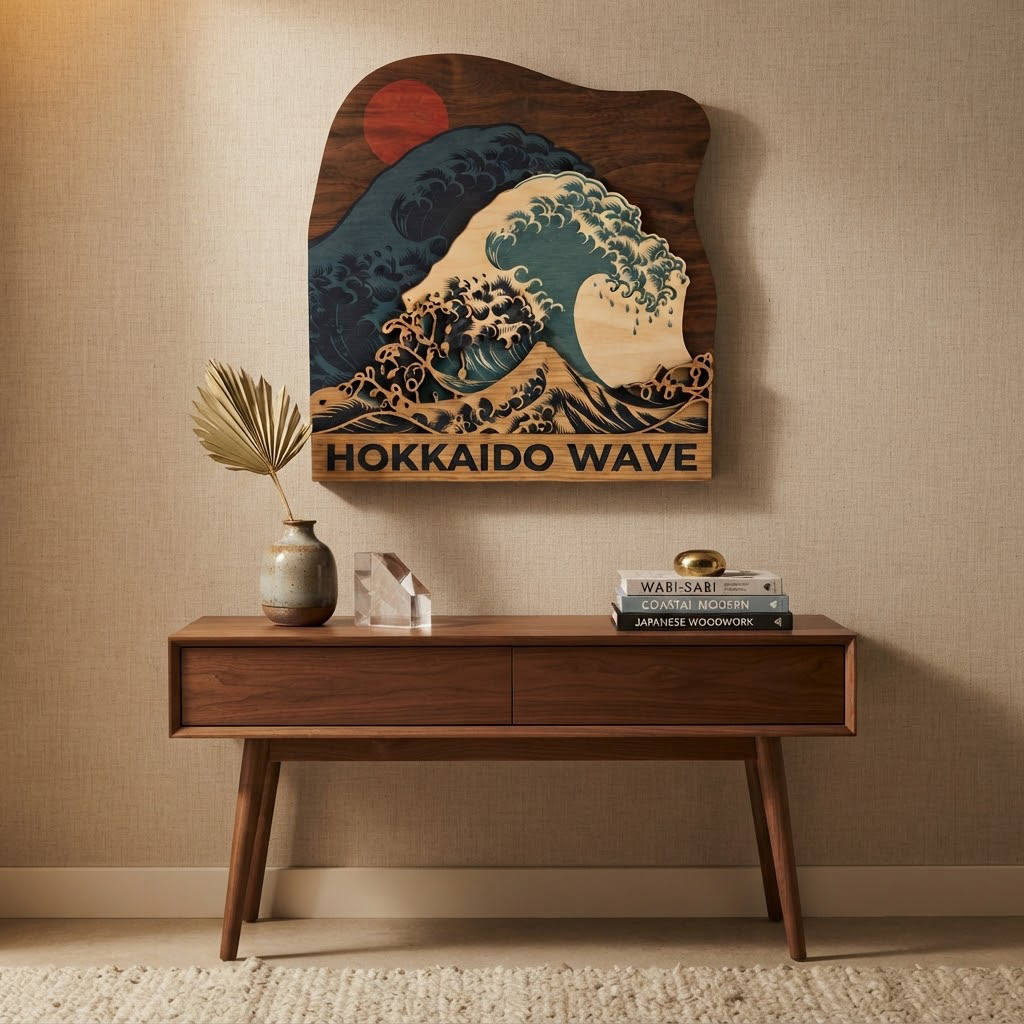 Japanese Wave Wood Sign, Wooden Wall Art, Hokkaido Ocean Decor, Layered Wood Carving, Coastal Home Decor, Living Room Wall Hanging