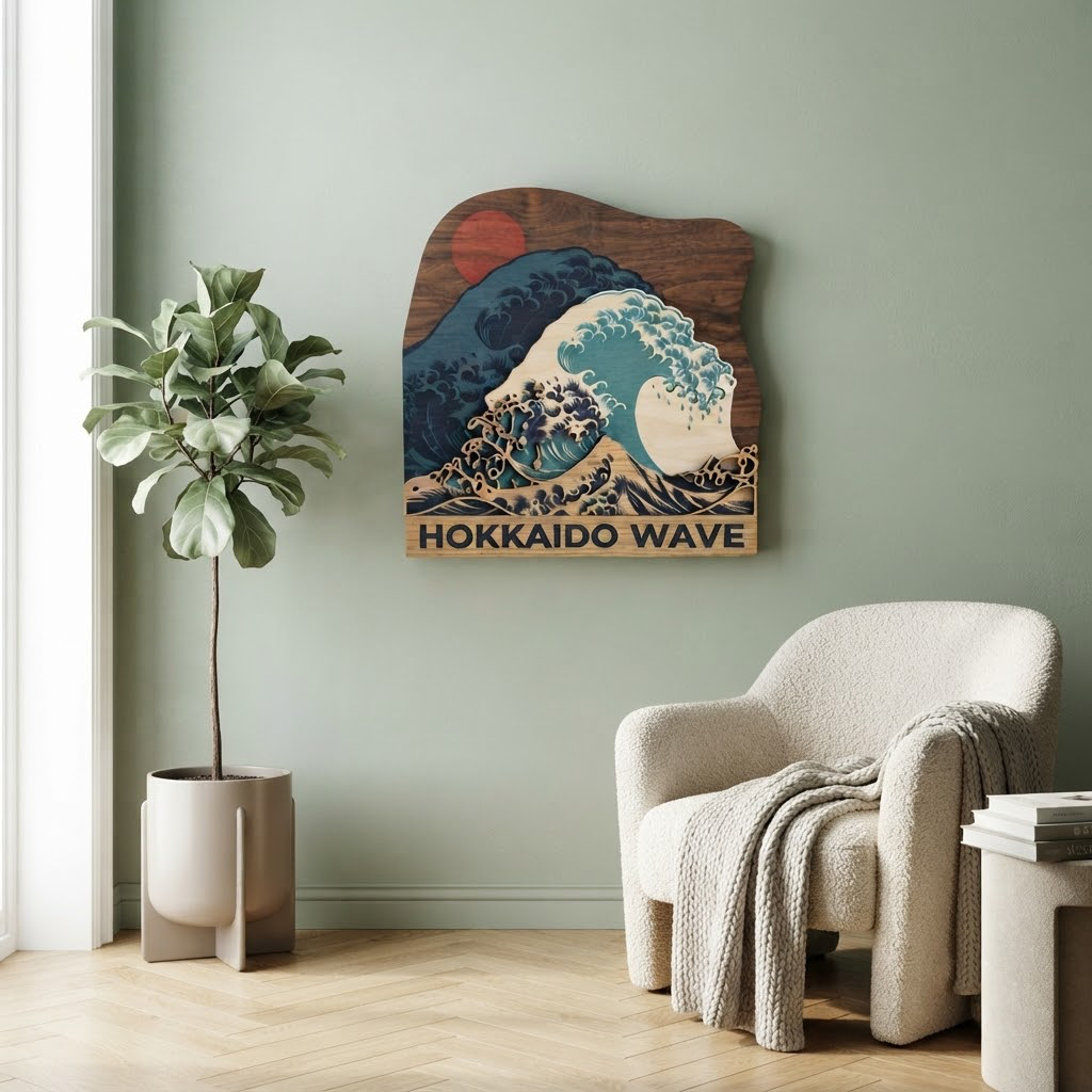 Japanese Wave Wood Sign, Wooden Wall Art, Hokkaido Ocean Decor, Layered Wood Carving, Coastal Home Decor, Living Room Wall Hanging