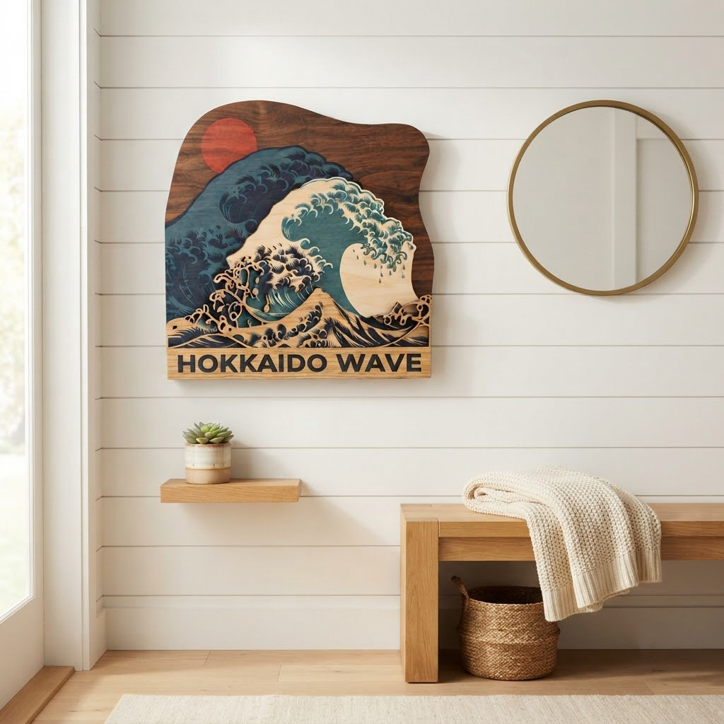 Japanese Wave Wood Sign, Wooden Wall Art, Hokkaido Ocean Decor, Layered Wood Carving, Coastal Home Decor, Living Room Wall Hanging