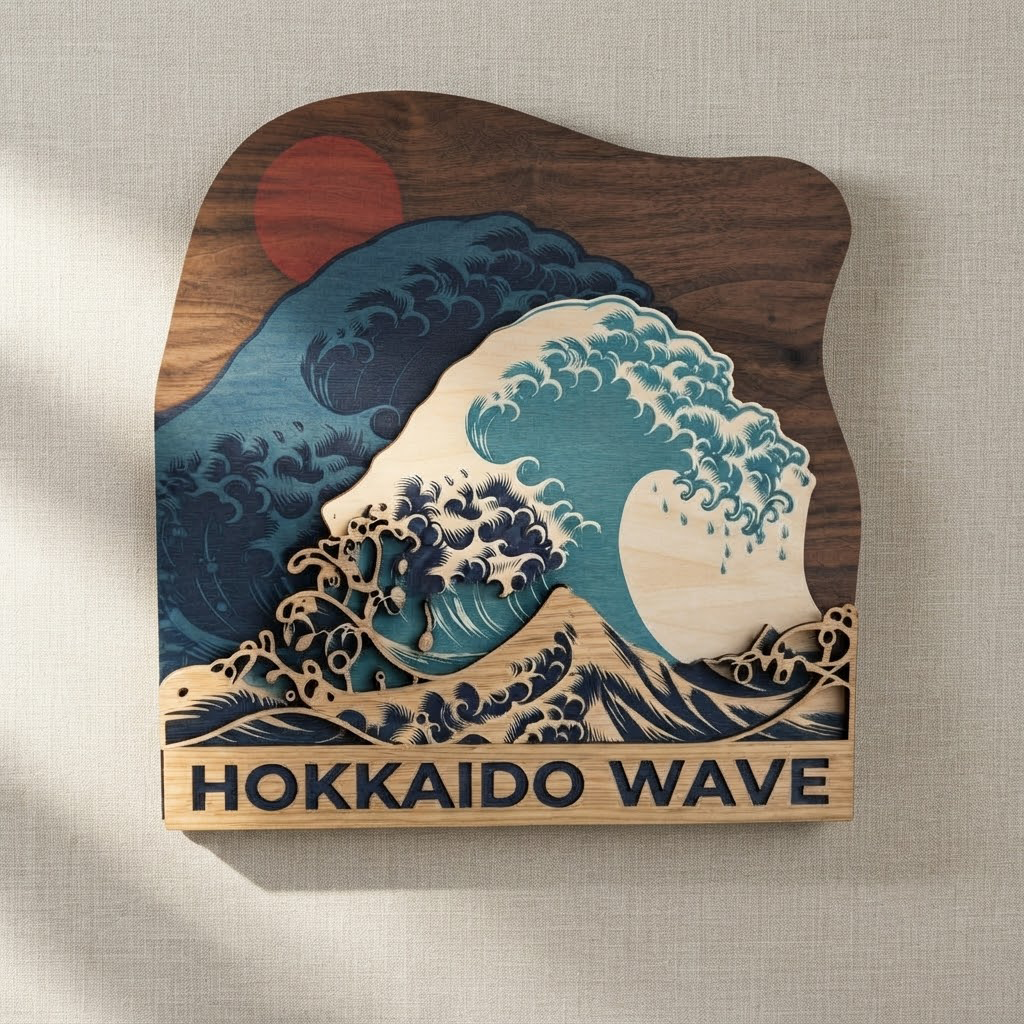 Japanese Wave Wood Sign, Wooden Wall Art, Hokkaido Ocean Decor, Layered Wood Carving, Coastal Home Decor, Living Room Wall Hanging