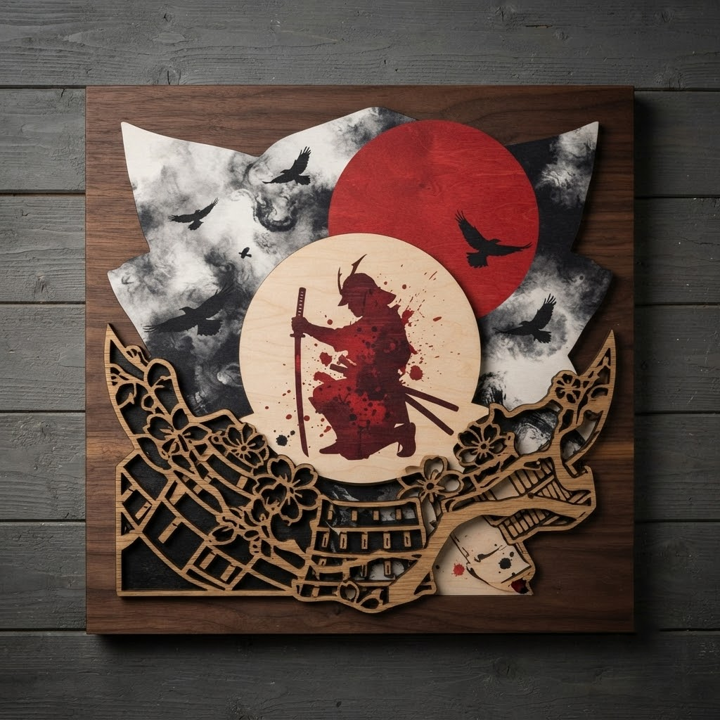 Samurai Wooden Wall Art, Japanese Warrior Wood Sign, Red Sun Bushido Decor, Layered Wood Carving, Dark Aesthetic Home Decor, Wall Hanging
