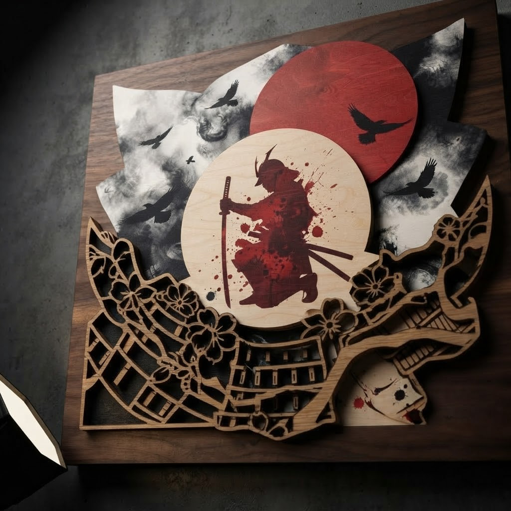 Samurai Wooden Wall Art, Japanese Warrior Wood Sign, Red Sun Bushido Decor, Layered Wood Carving, Dark Aesthetic Home Decor, Wall Hanging