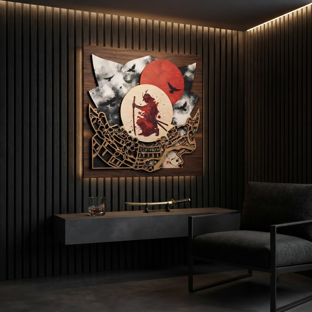 Samurai Wooden Wall Art, Japanese Warrior Wood Sign, Red Sun Bushido Decor, Layered Wood Carving, Dark Aesthetic Home Decor, Wall Hanging