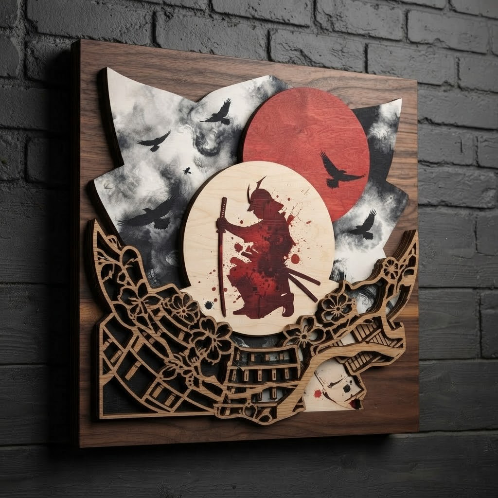 Samurai Wooden Wall Art, Japanese Warrior Wood Sign, Red Sun Bushido Decor, Layered Wood Carving, Dark Aesthetic Home Decor, Wall Hanging