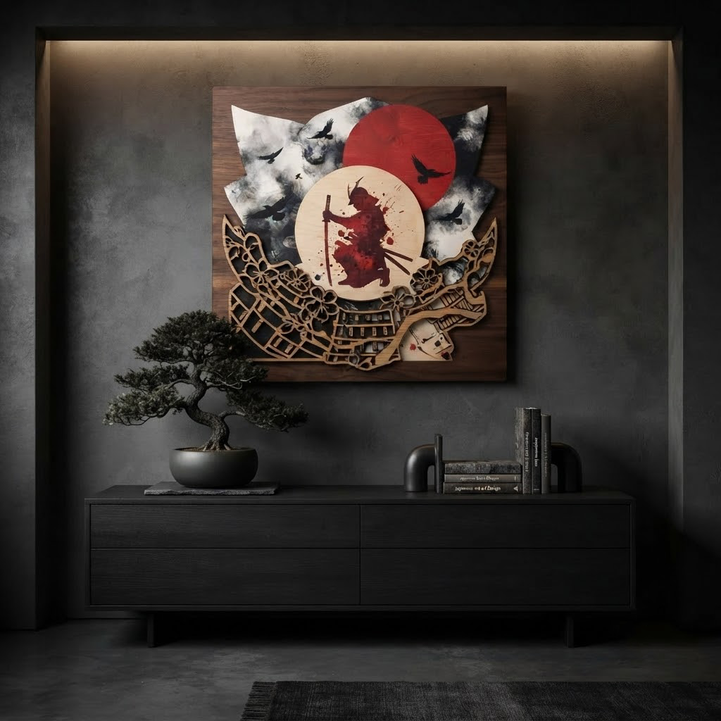 Samurai Wooden Wall Art, Japanese Warrior Wood Sign, Red Sun Bushido Decor, Layered Wood Carving, Dark Aesthetic Home Decor, Wall Hanging