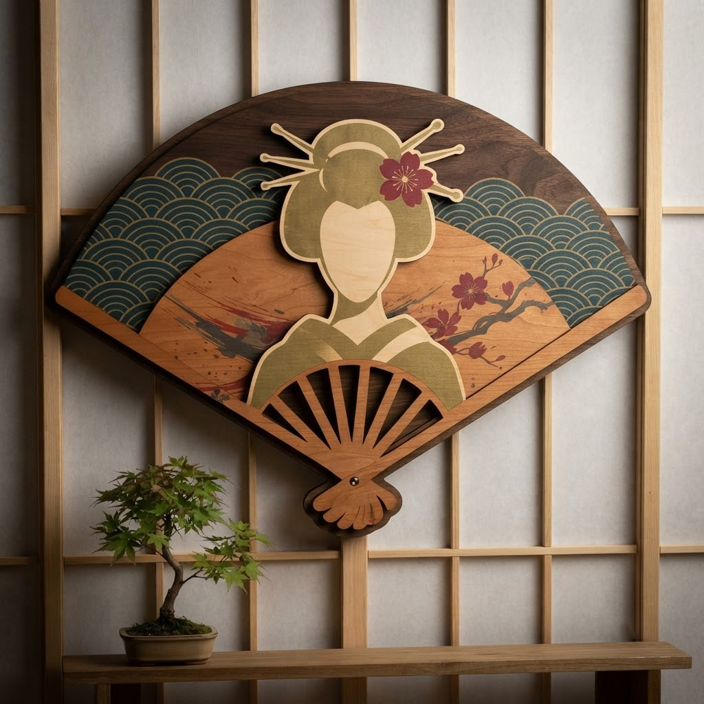 Japanese Fan Wooden Sign, Geisha Wall Art, Cherry Blossom Decor, Asian Home Hanging, Traditional Wood Carving, Living Room Accent, Wall Decor