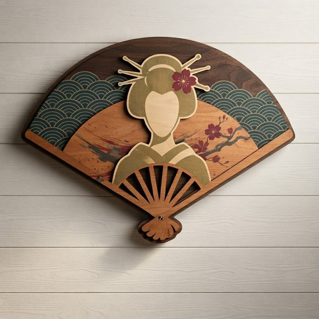 Japanese Fan Wooden Sign, Geisha Wall Art, Cherry Blossom Decor, Asian Home Hanging, Traditional Wood Carving, Living Room Accent, Wall Decor