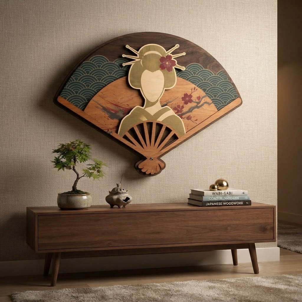 Japanese Fan Wooden Sign, Geisha Wall Art, Cherry Blossom Decor, Asian Home Hanging, Traditional Wood Carving, Living Room Accent, Wall Decor