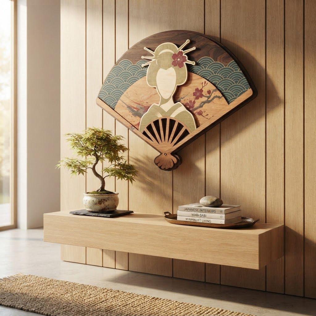 Japanese Fan Wooden Sign, Geisha Wall Art, Cherry Blossom Decor, Asian Home Hanging, Traditional Wood Carving, Living Room Accent, Wall Decor